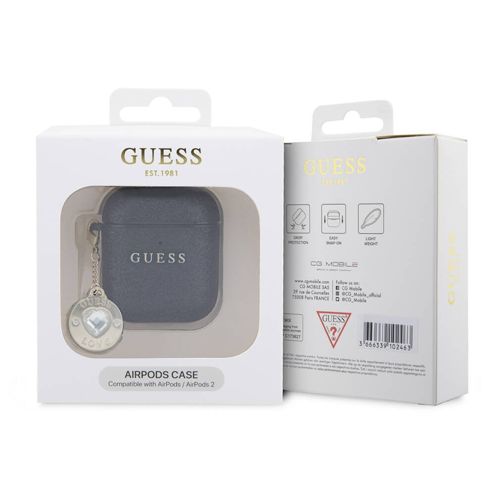 Airpods Kılıf Guess Orjinal Lisanslı Glitter Elmas Kalp Süs Zincirli Kapak