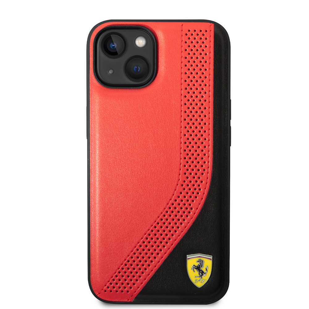 Apple iPhone 14 Kılıf Ferrari Orjinal Lisanslı Metal Logolu Deri Delikli Dikişli Dizayn Kapak