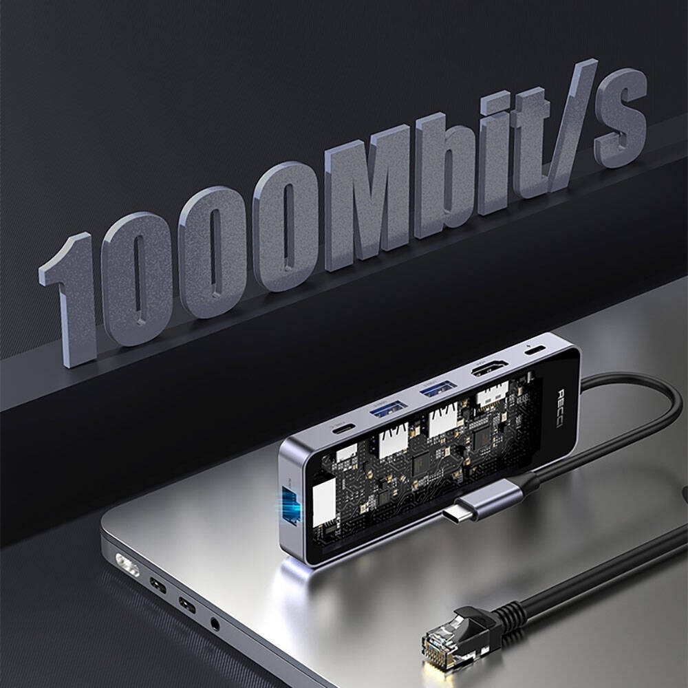 Recci RH17 Type-C to Type-C PD100W + USB3.0 + HDMI + Type-C + RJ45 Bağlantılı 6in1 Hub