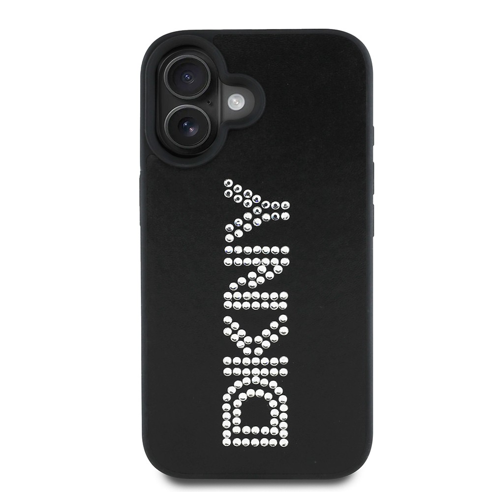 Apple iPhone 16 Kılıf DKNY Orjinal Lisanslı Taşlı DKNY Yazılı Metalik Rhinestones PU Deri Kapak