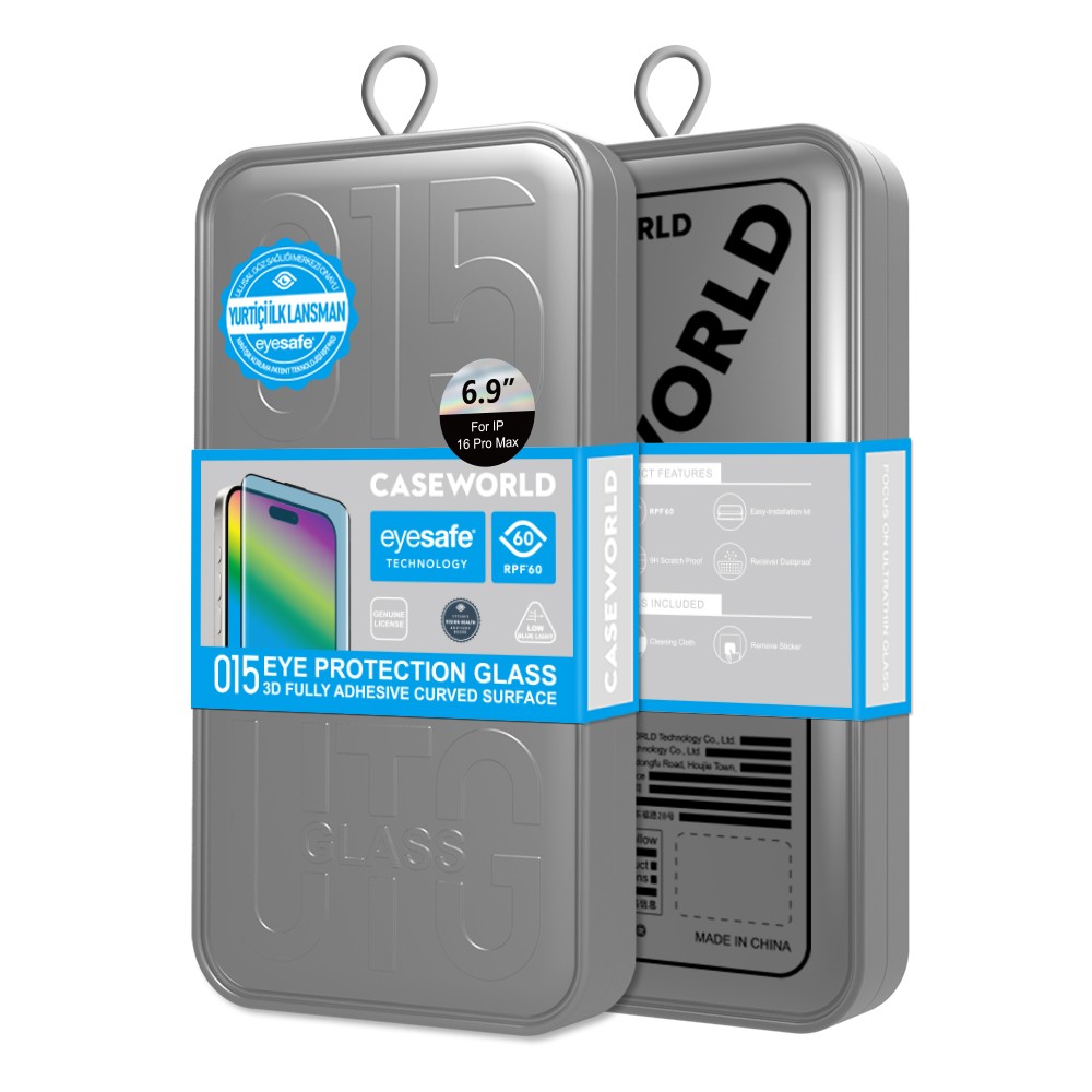Apple iPhone 16 Pro CaseWorld 3D Eyesafe Mavi Işık Teknolojili 0.15mm Temperli Cam Ekran  Koruyucu + Uygulama Aparatı