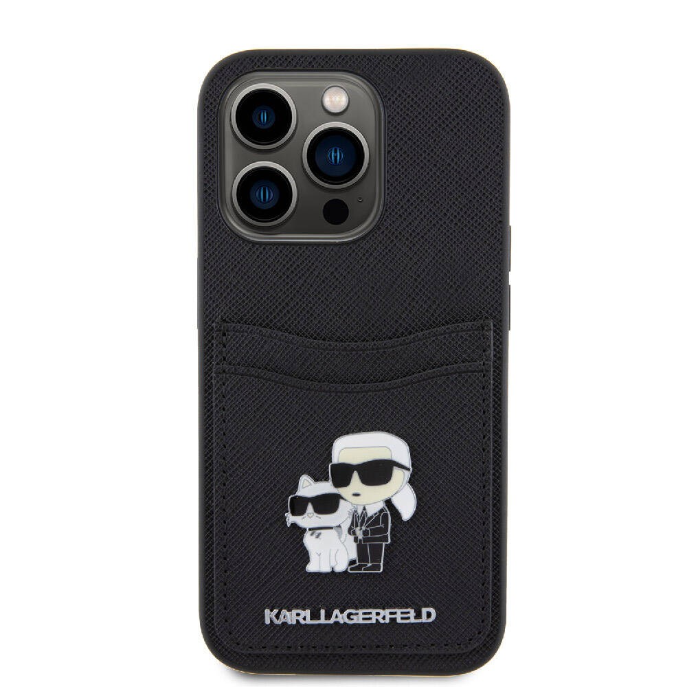 iPhone 15 Pro Kılıf Karl Lagerfeld Orjinal Lisanslı Metal Logo Kartlıklı Saffiano Kapak