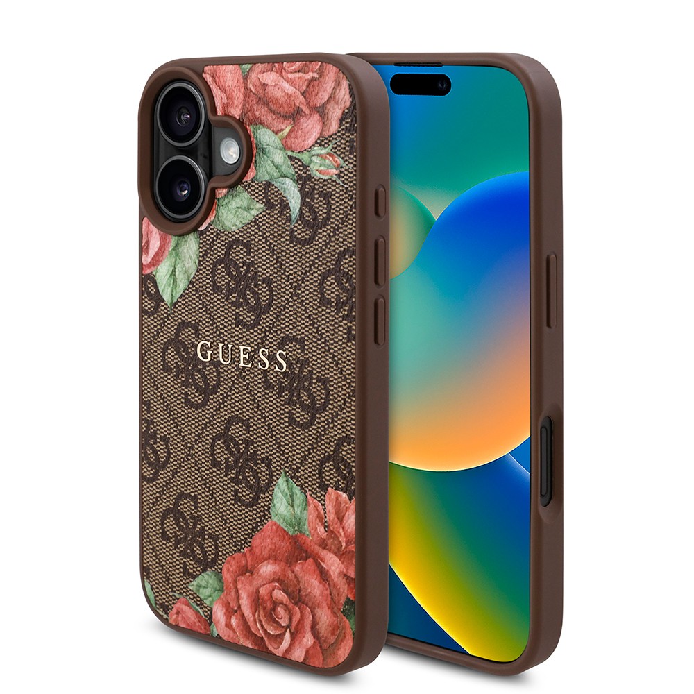 iPhone 16 Plus Kılıf Guess Orjinal Lisanslı Magsafe Şarj Özellikli Gül Baskılı 4G Desenli Yazı Logolu Kılıf