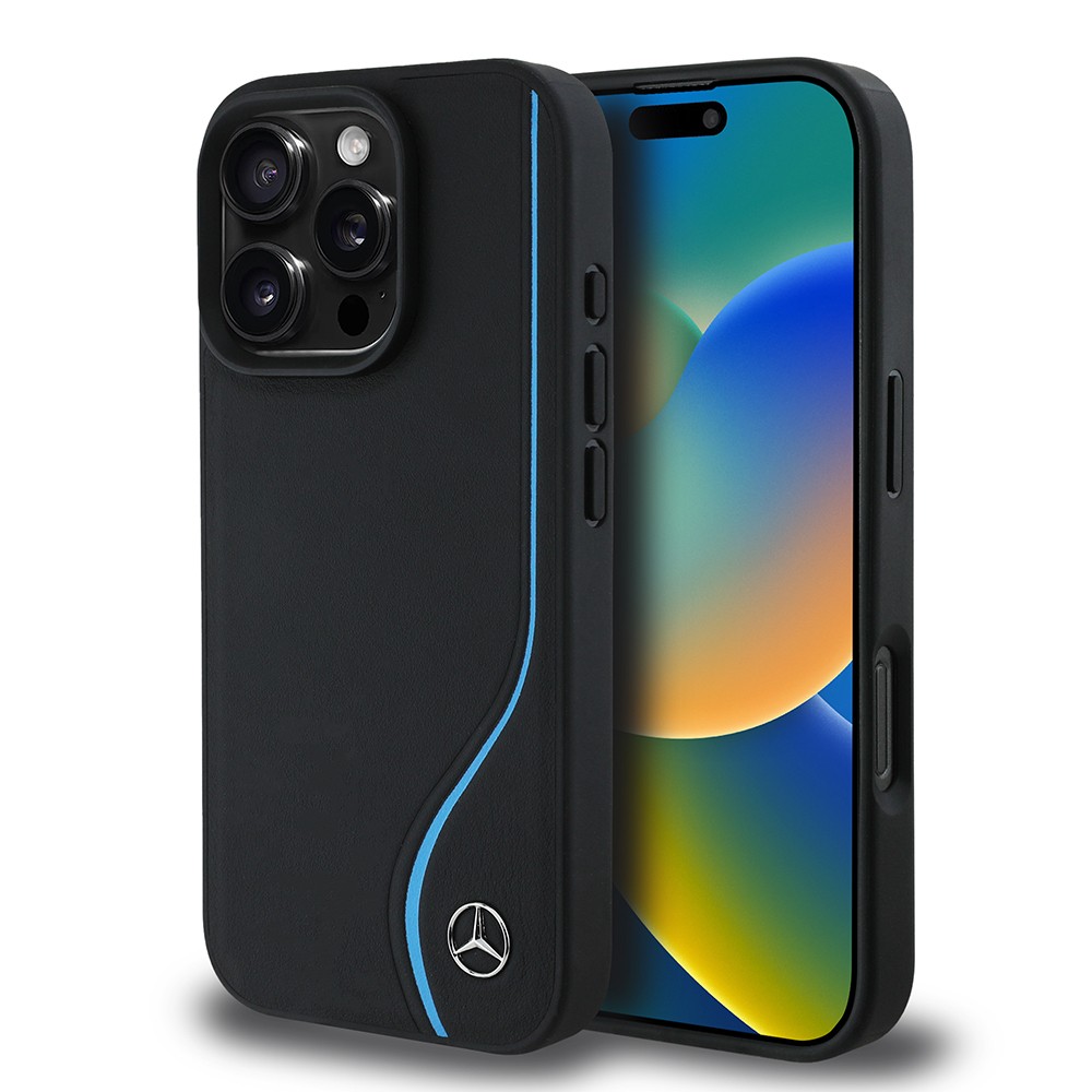 Apple iPhone 16 Pro Max Kılıf Mercedes Benz Orjinal Lisanslı M-safe Şarj Özellikli 3D Metal Logolu Mavi Dikey Eğri Çizgili Deri Kapak