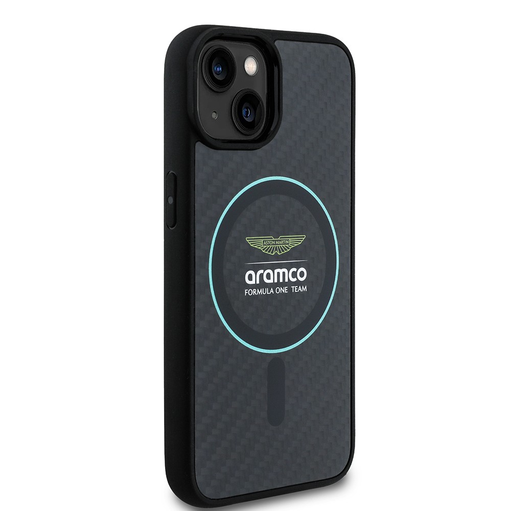 Apple iPhone 14 Kılıf Aston Martin Orjinal Lisanslı M-safe Şarj Özellikli Renkli Halka ve Karbon Fiber Tasarımlı Kapak