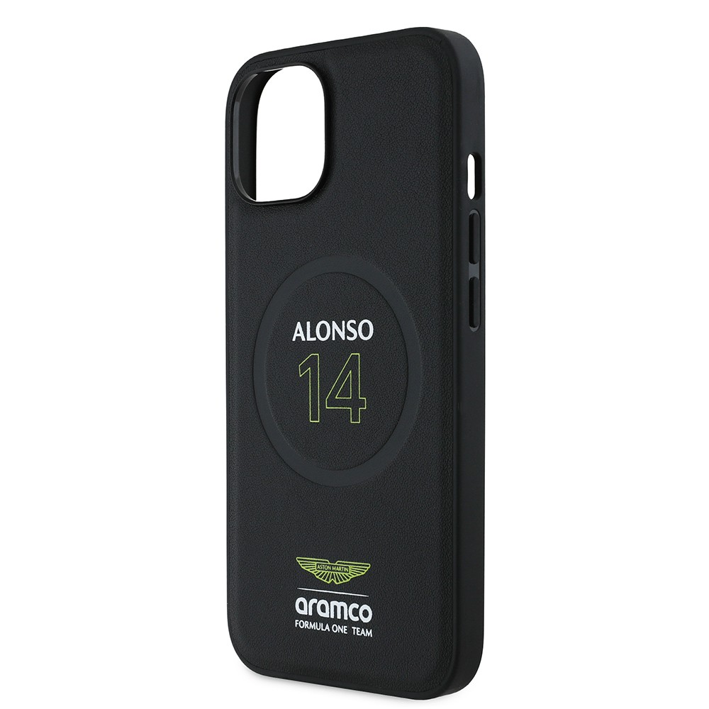 Apple iPhone 15 Kılıf Aston Martin Orjinal Lisanslı M-safe Şarj Özellikli PU Deri Alonso 14 Baskılı Kapak