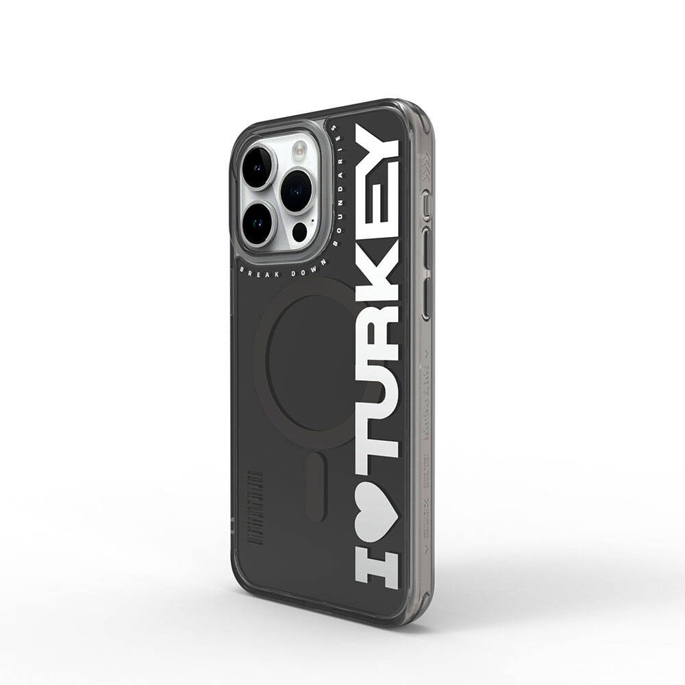 iPhone 15 Pro Max Kılıf Magsafe Şarj Özellikli I Love Turkey Yazı Desenli Wiwu Turkey E Serisi Kılıf