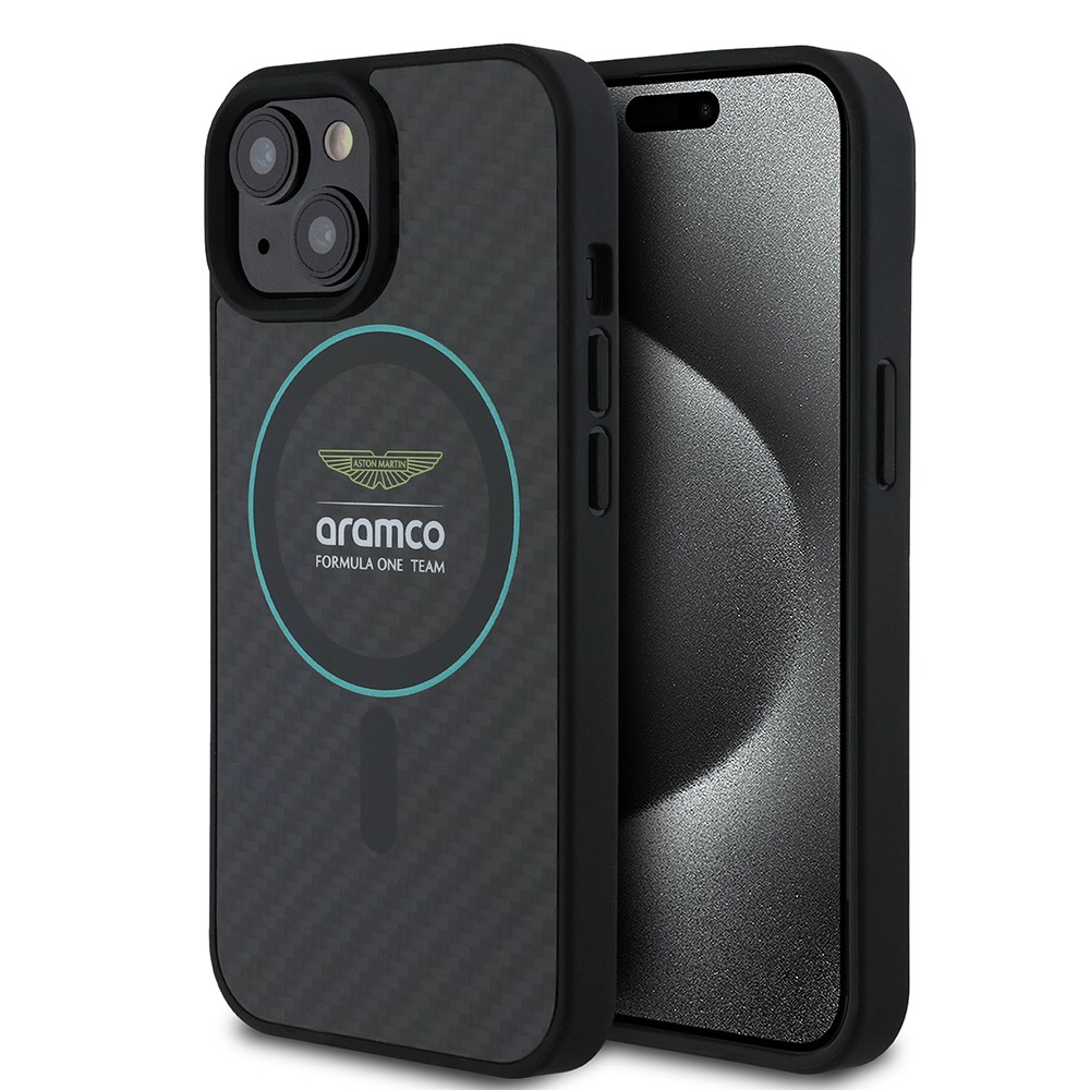 Apple iPhone 15 Kılıf Aston Martin Orjinal Lisanslı M-safe Şarj Özellikli Renkli Halka ve Karbon Fiber Tasarımlı Kapak