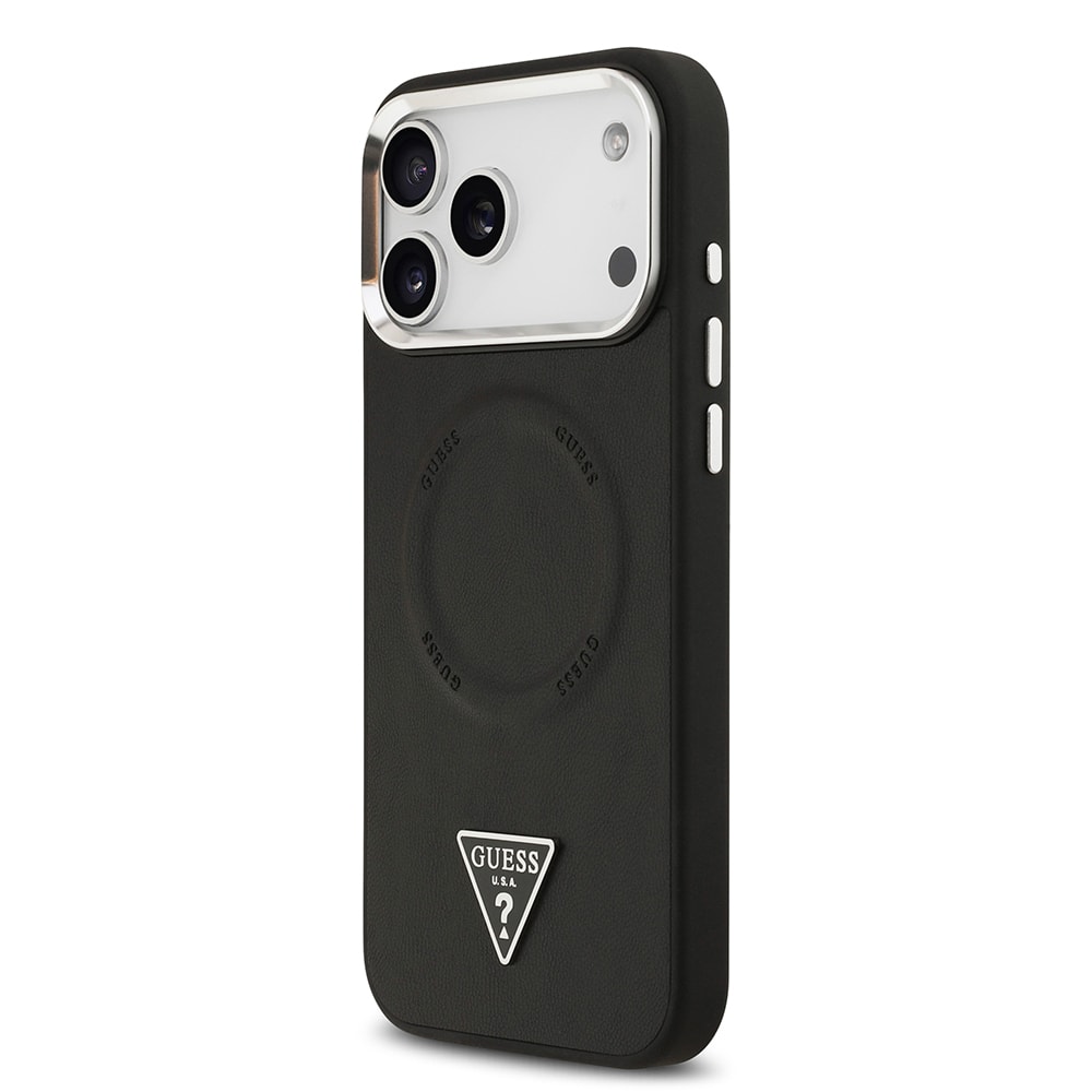 Apple iPhone 17 Pro Max Kılıf Guess Orjinal Lisanslı M-safe Şarj Özellikli PU Deri Metal Kamera Çerçeveli Üçgen Logolu Kapak