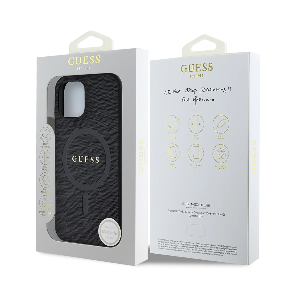 iPhone 12 Kılıf Guess Orjinal Lisanslı Magsafe Şarj Özellikli Yazı Logolu Saffiano Classic Kılıf