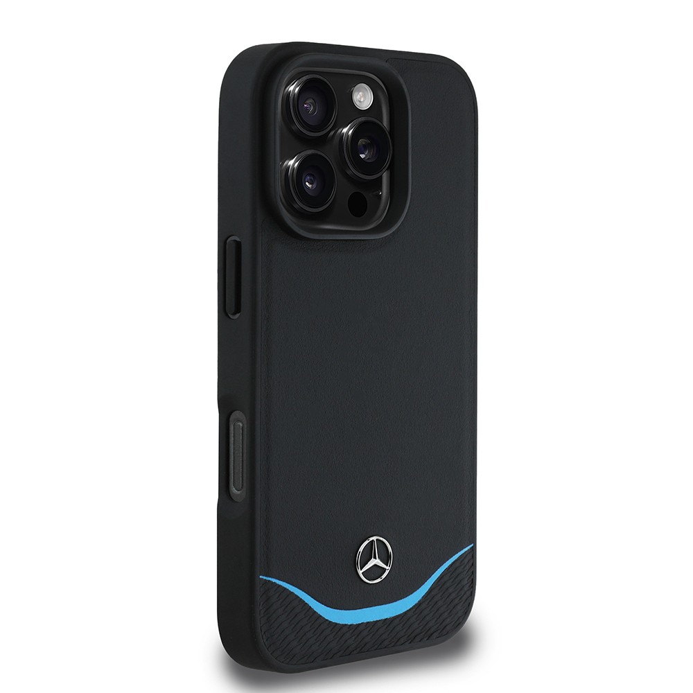 Apple iPhone 16 Pro Max Kılıf Mercedes Benz Orjinal Lisanslı M-safe Şarj Özellikli 3D Metal Logolu Mavi Yatay Eğri Çizgili Deri Kapak