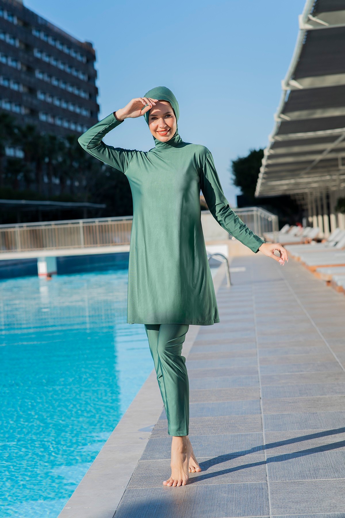 RUKO 25209-1 Balıkçı Yaka Lycra ( Su İtici Ve Çabuk Kuruyan ) Kumaş Tesettür Mayo