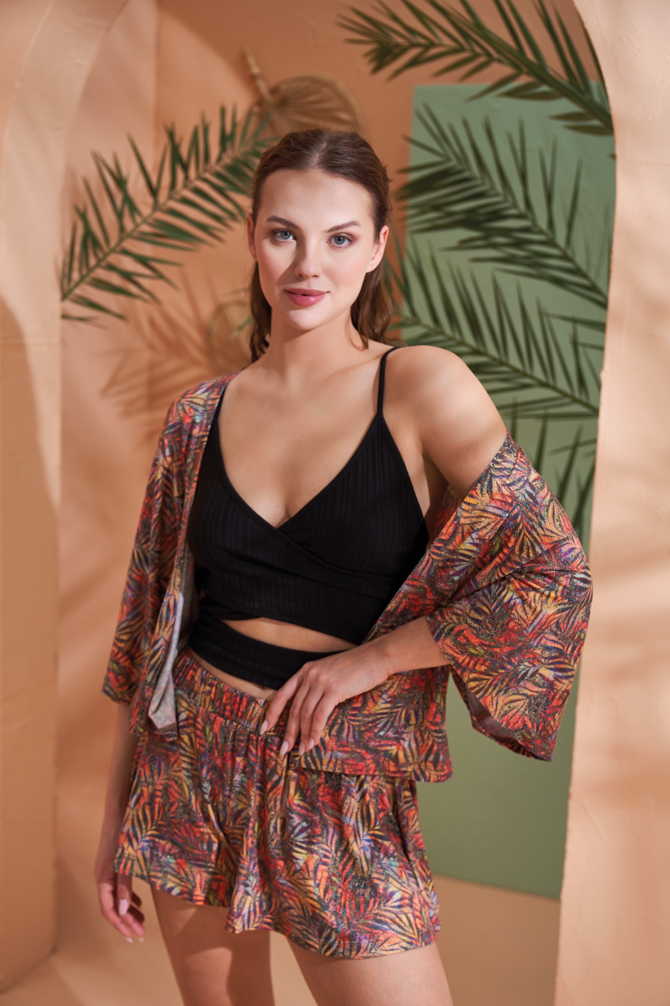 Pjs 27003 Desenli Viskon Üçlü Takım (Kimono - Crop Üst - Şort)