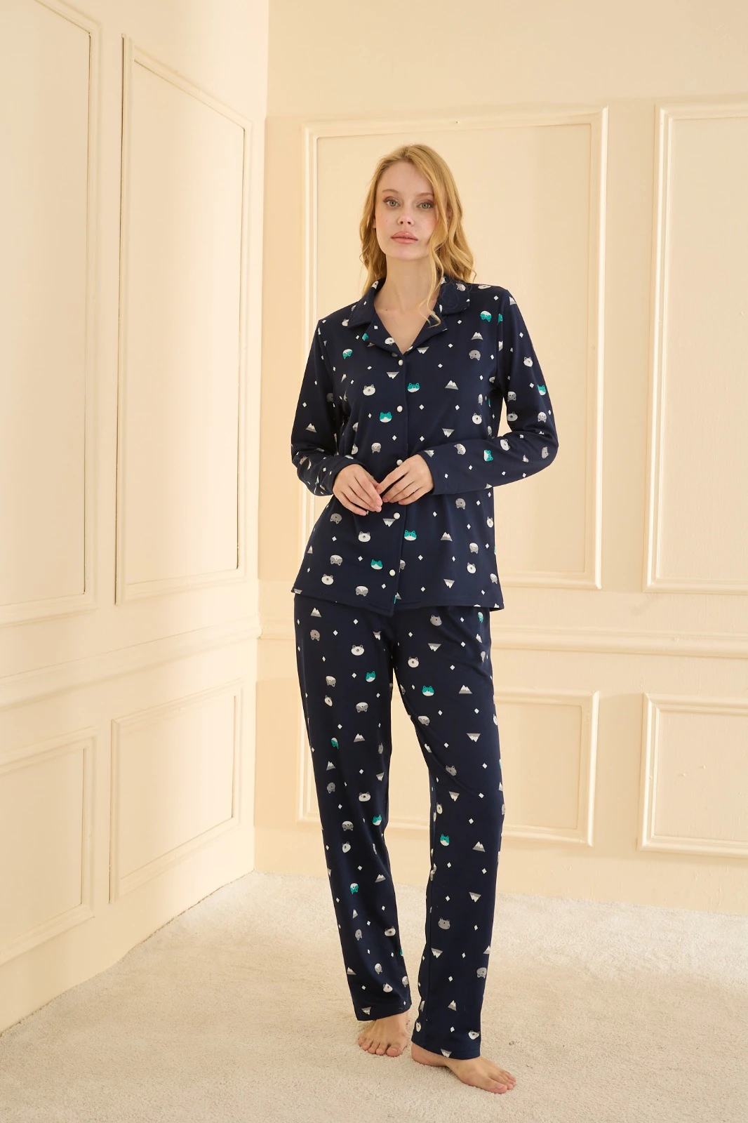 Mihra 19103R556 Kedi Desenli Önden Düğmeli Pijama Takımı