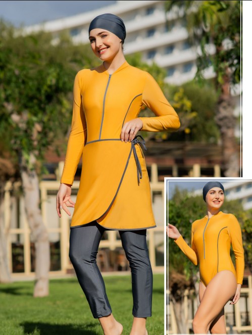 RUKO 2414-1 Fermuarlı Parçalı Yarı Kapalı – 3’lü Set Lycra Tesettür Mayo