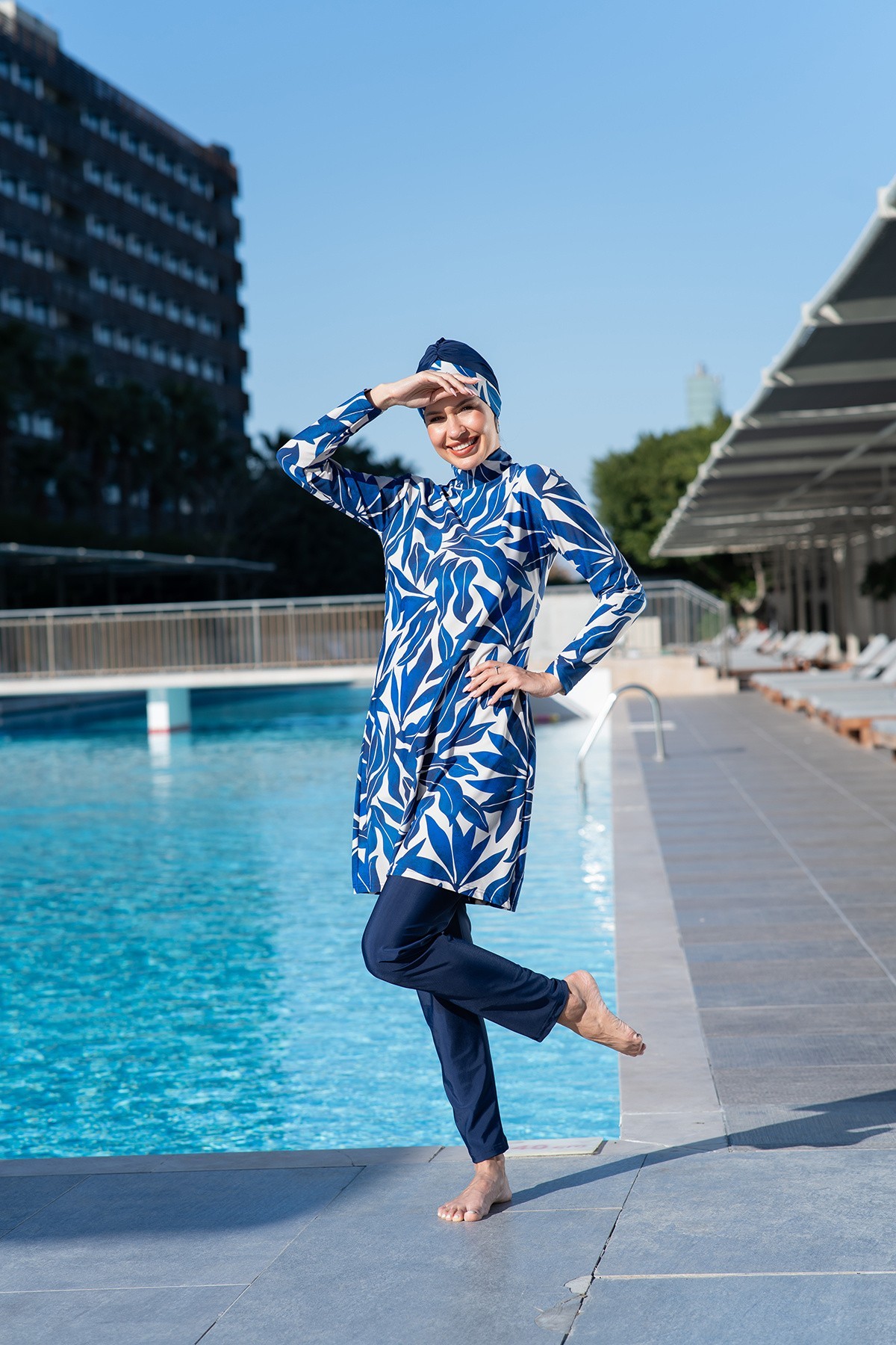 Ruko 25208-2 Yaprak Desenli Lycra ( Su İtici Ve Çabuk Kuruyan ) Kumaş Tesettür Mayo