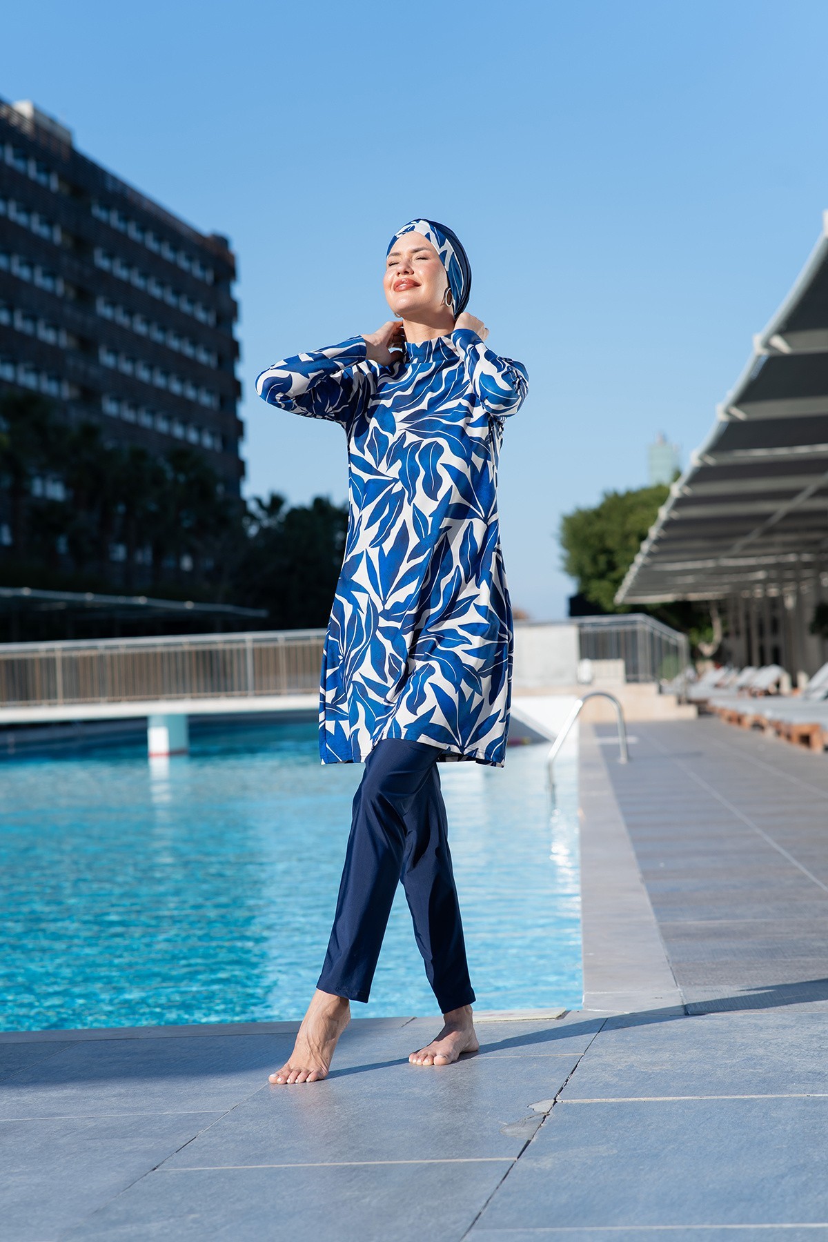 Ruko 25208-2 Yaprak Desenli Lycra ( Su İtici Ve Çabuk Kuruyan ) Kumaş Tesettür Mayo