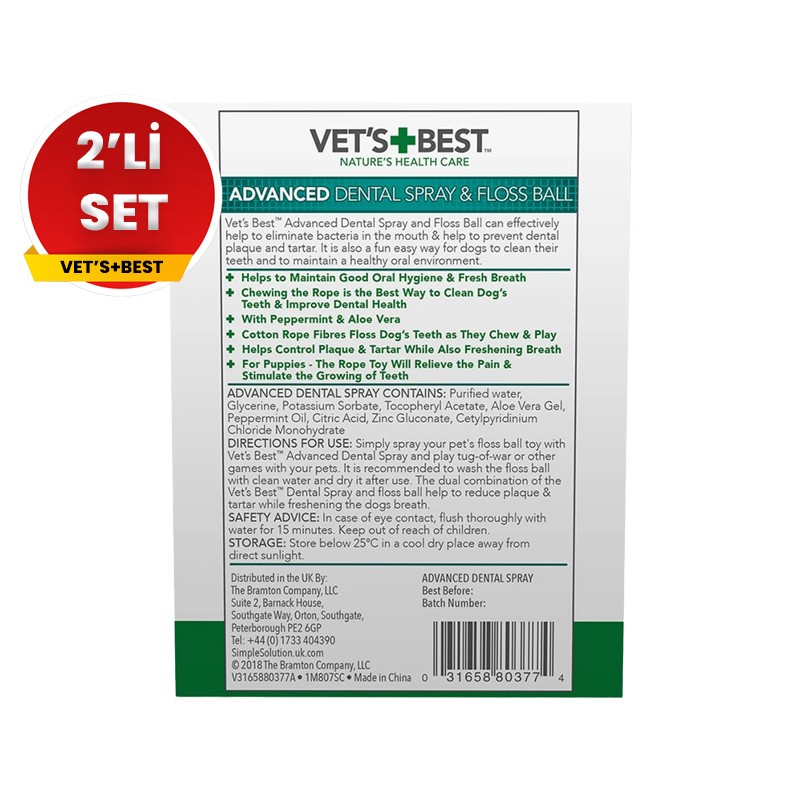 Vet's Best Köpek Ağız Spreyi 120 Ml ve Diş Temizleyici Top 16 Cm