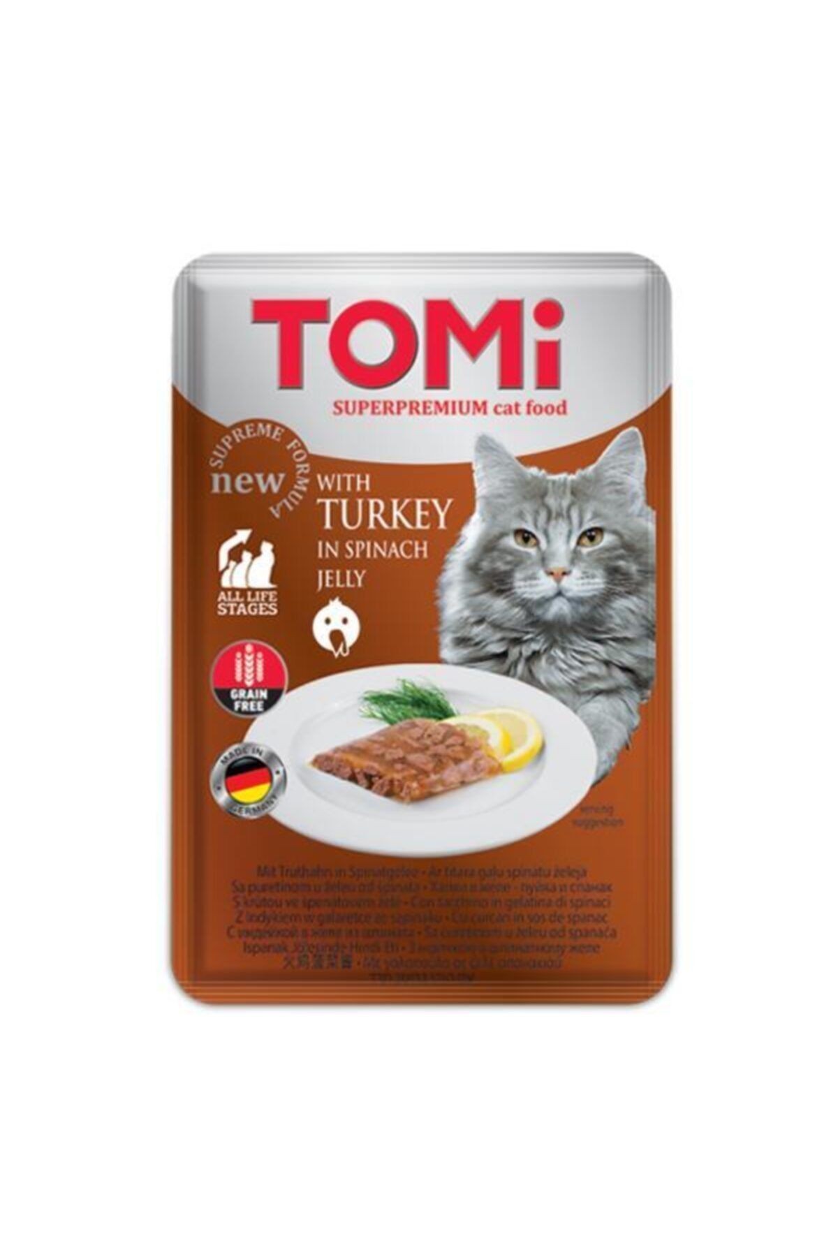 Tomi Hindi Etli Ve Ispanaklı Tahılsız Pouch Kedi Konservesi 100gr