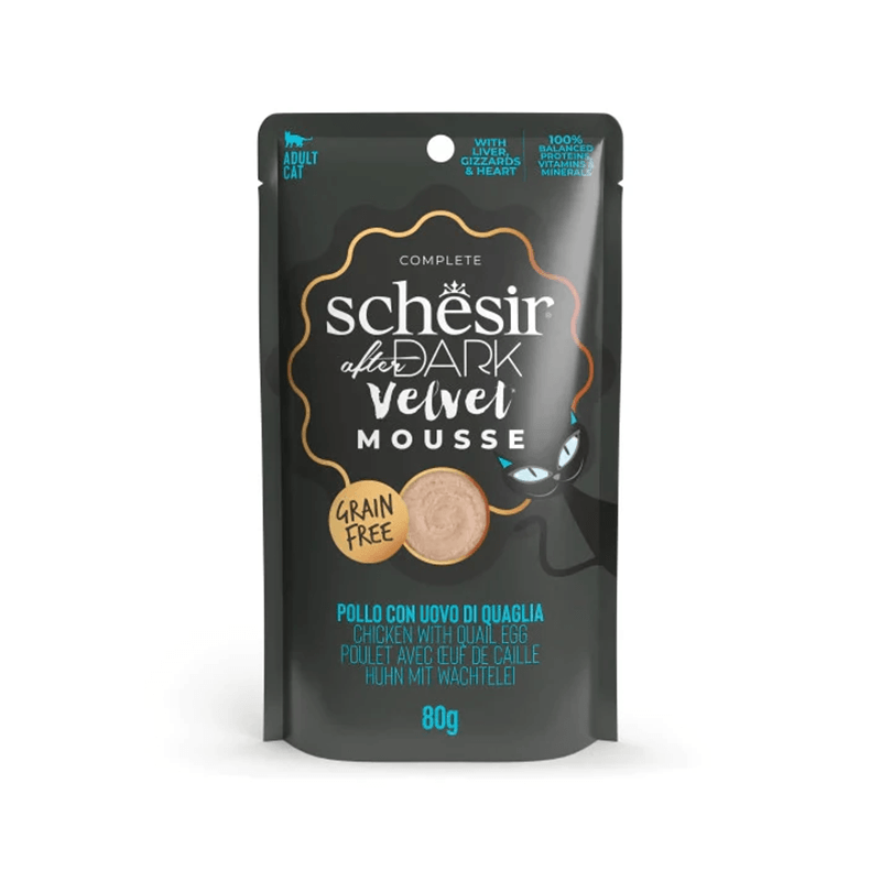 Schesir After Dark Velvet Kıyılmış Tavuk ve Bıldırcın Yumurtalı Yetişkin Kedi Konservesi 80 Gr