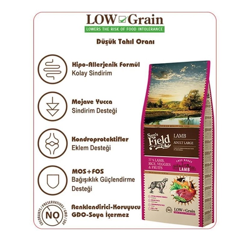 Sam's Field Hypo-allergenic Kuzu Etli Düşük Tahıllı Büyük Irk Yetişkin Köpek Maması 2.5kg