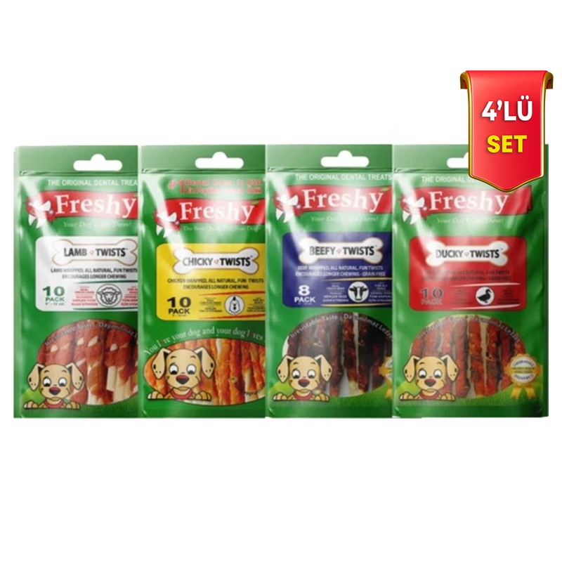 Freshy Kurutulmuş Sığır Ördek Tavuk Kuzu Etli Köpek Ödül Kemiği Karışık Paket 4'lü Set