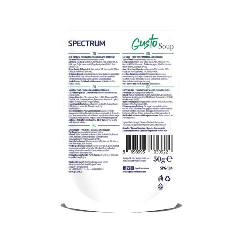 Spectrum Gusto Uskumrulu, Ton balıklı ve Brokolili Kedi çorbası 50 gr