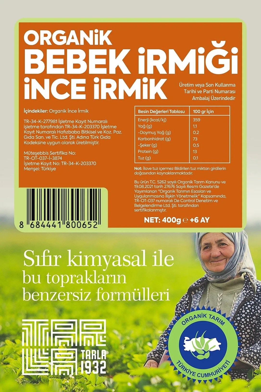 Tarla 1932 Organik Bebek İrmik (İnce İrmik) | Katkısız & Doğal | 400 gr