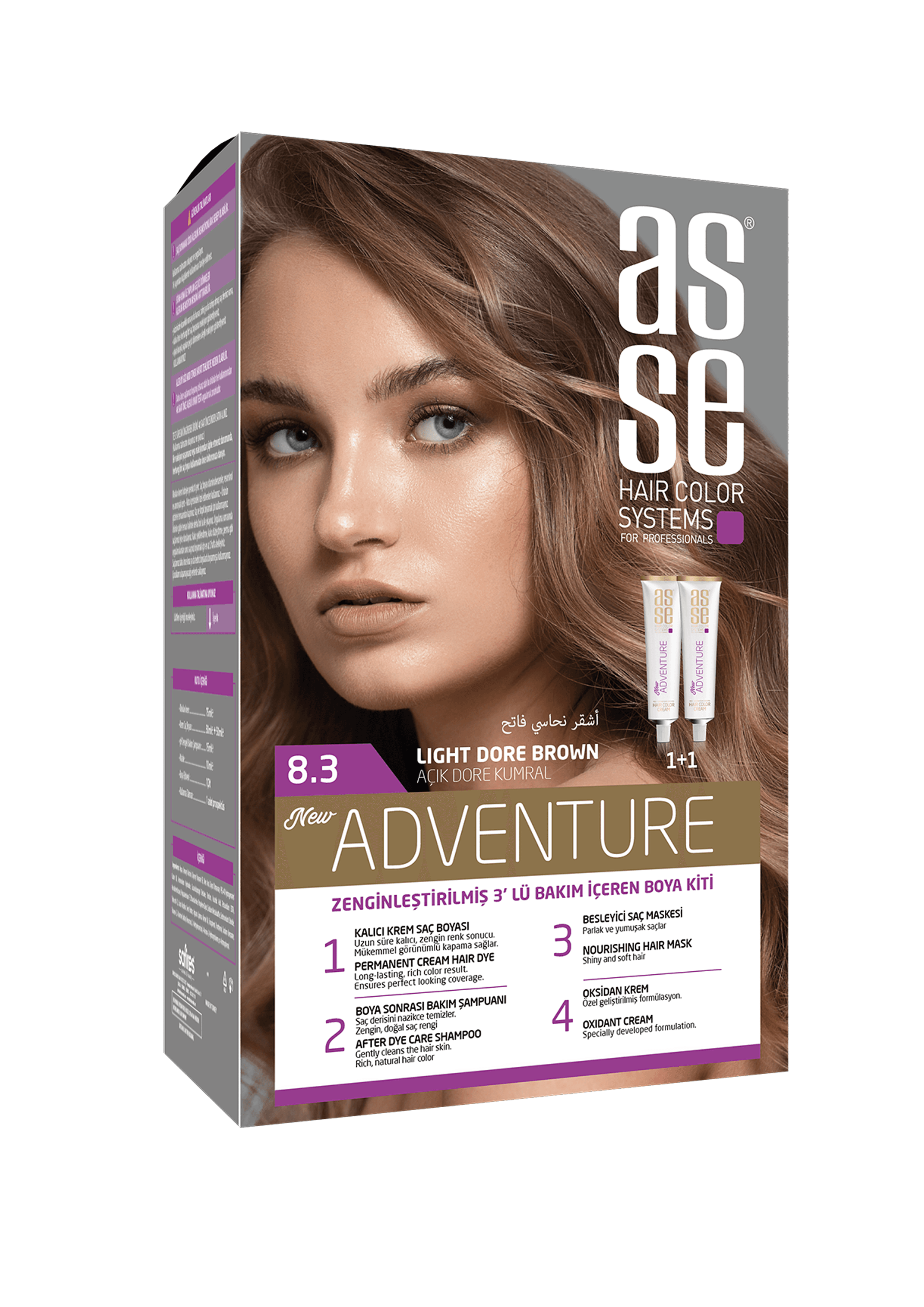 Asse Adventure Set Saç Boyası, Kalıcı ve Canlı Renkler 1+1 İki Kullanım Seti (No:8.3 Açık Kumral)