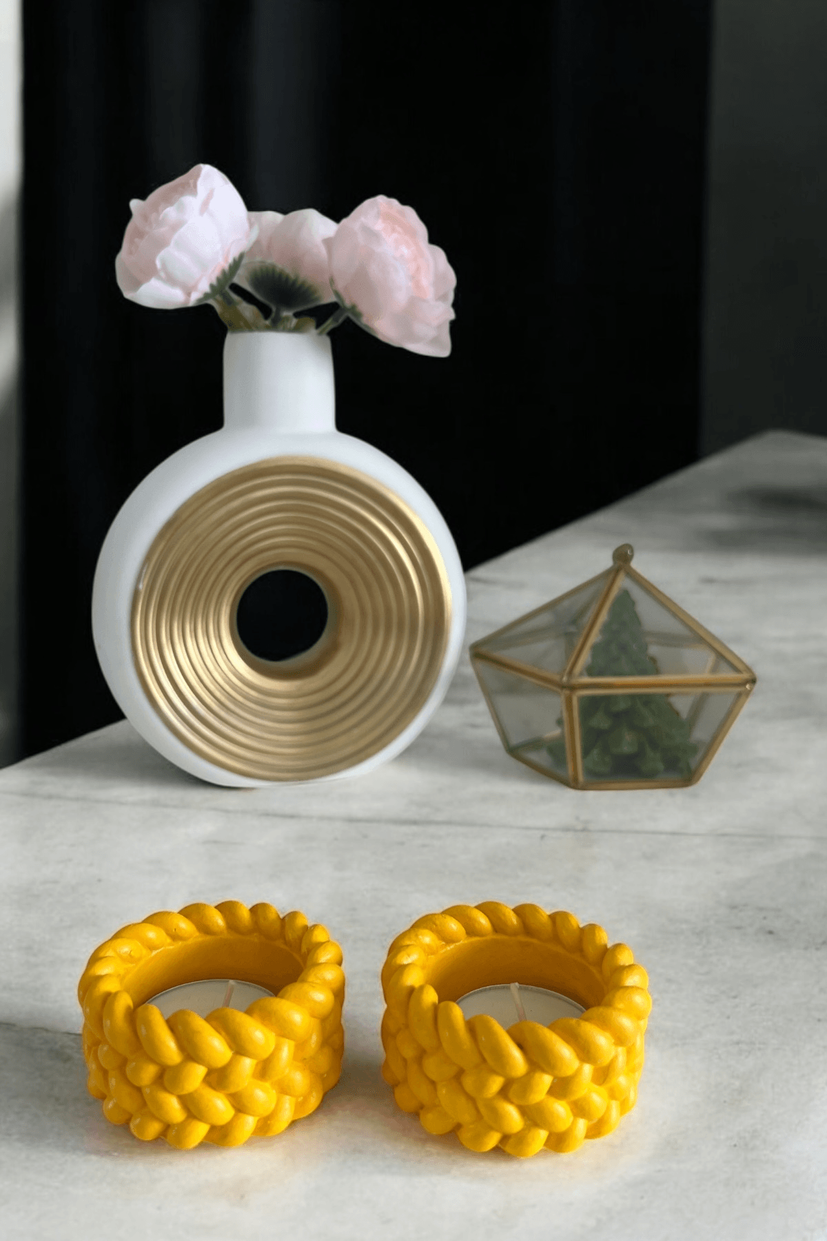 El Yapımı Hasır Görünümlü 2’li Tea Light Taş Mumluk | Dekoratif Mumluk | Hediye Seçeneği