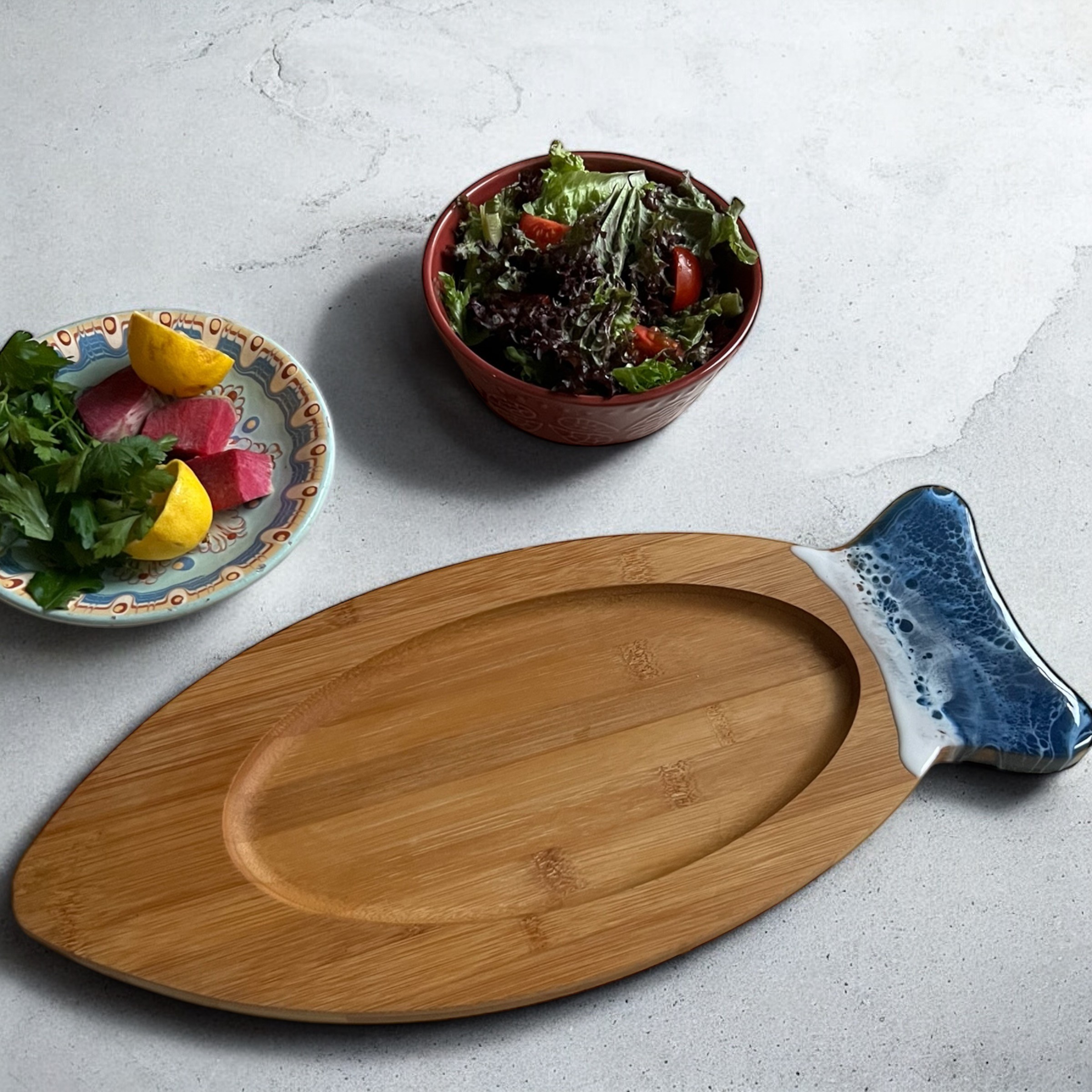 Epoxy Wave Pattern Fish Presentation Board – Natural Bamboo, Handmade, Stylish and Functional Serving Plate  