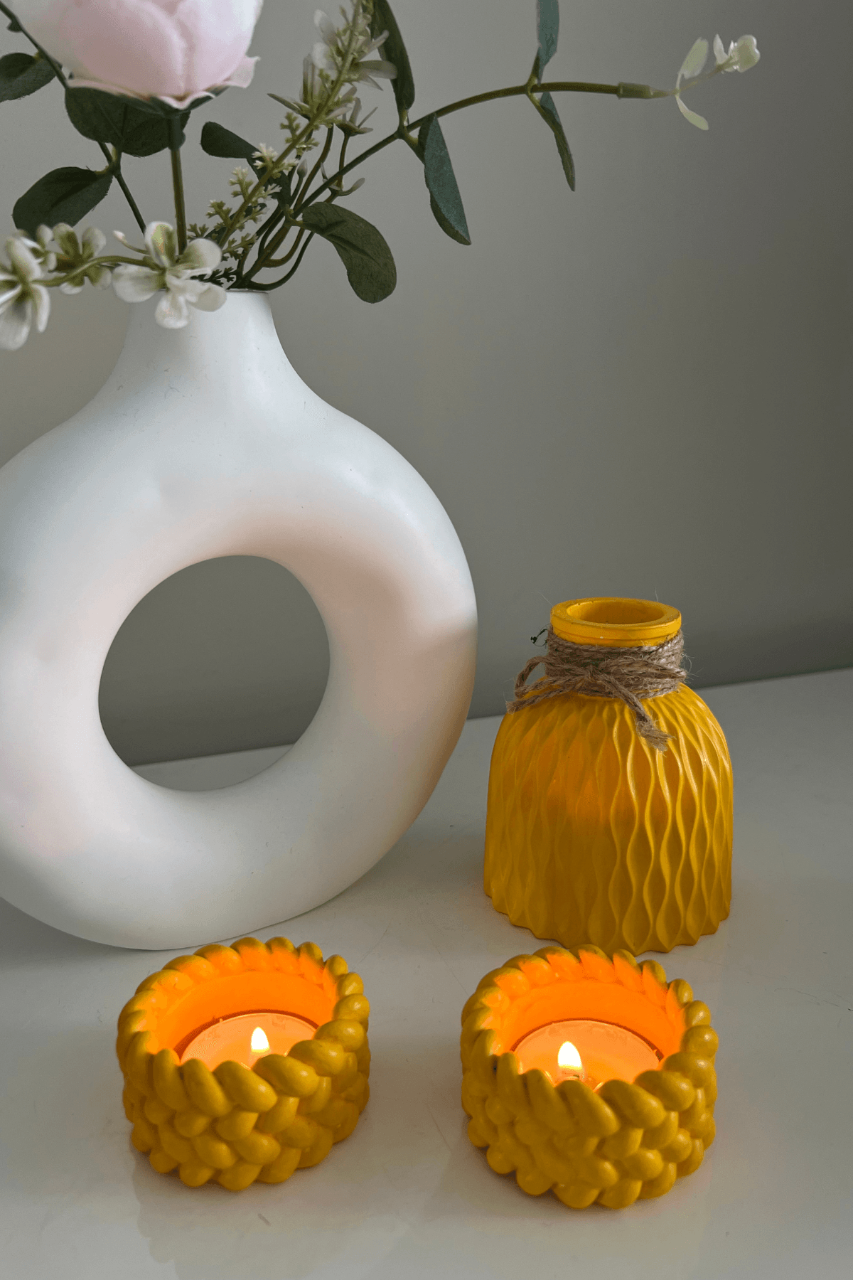 El Yapımı Hasır Görünümlü 2’li Tea Light Taş Mumluk | Dekoratif Mumluk | Hediye Seçeneği