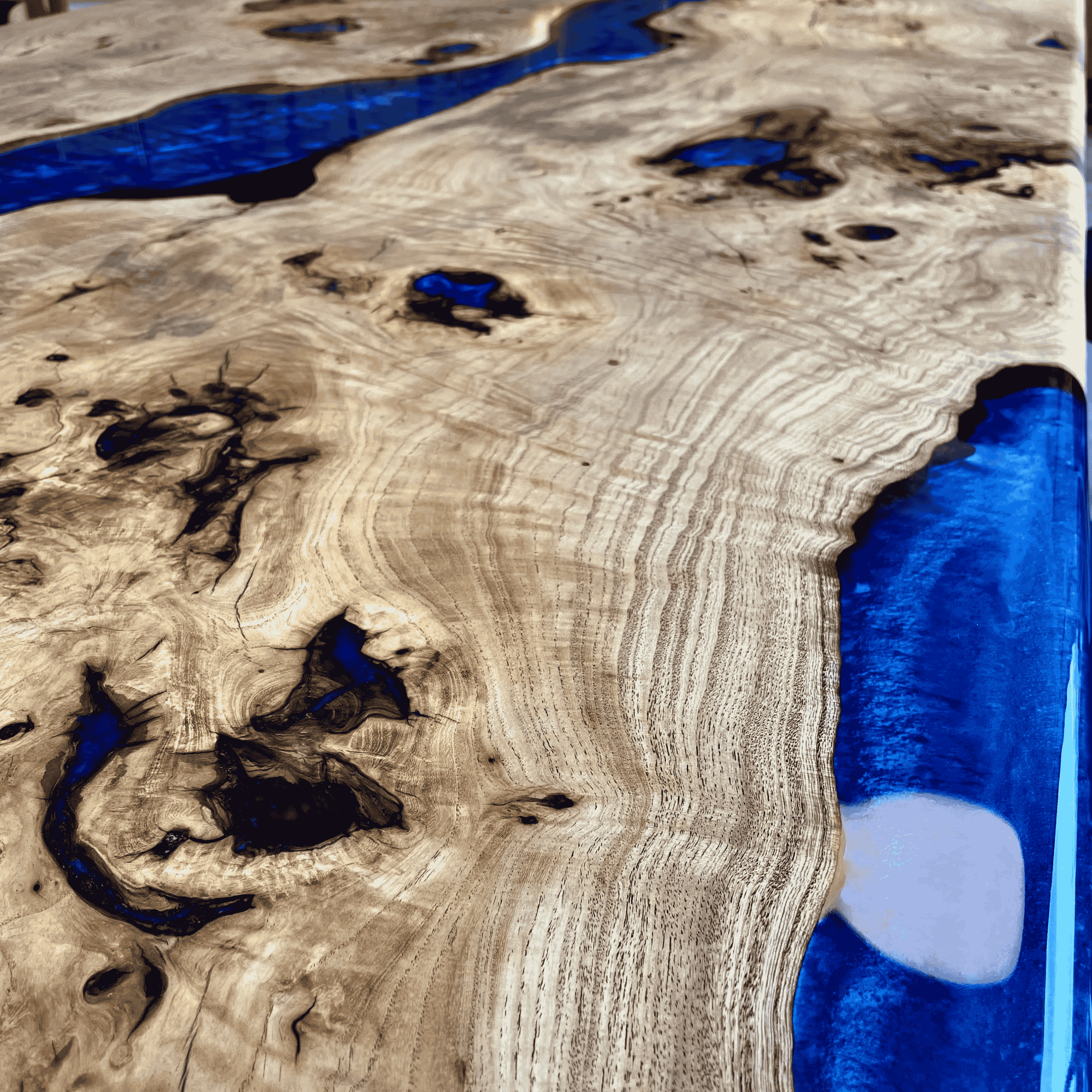 Ash Wood Blue Epoxy River Table – Handmade, Natural Wood and Elegant Design, Custom Made Dining and Work Table