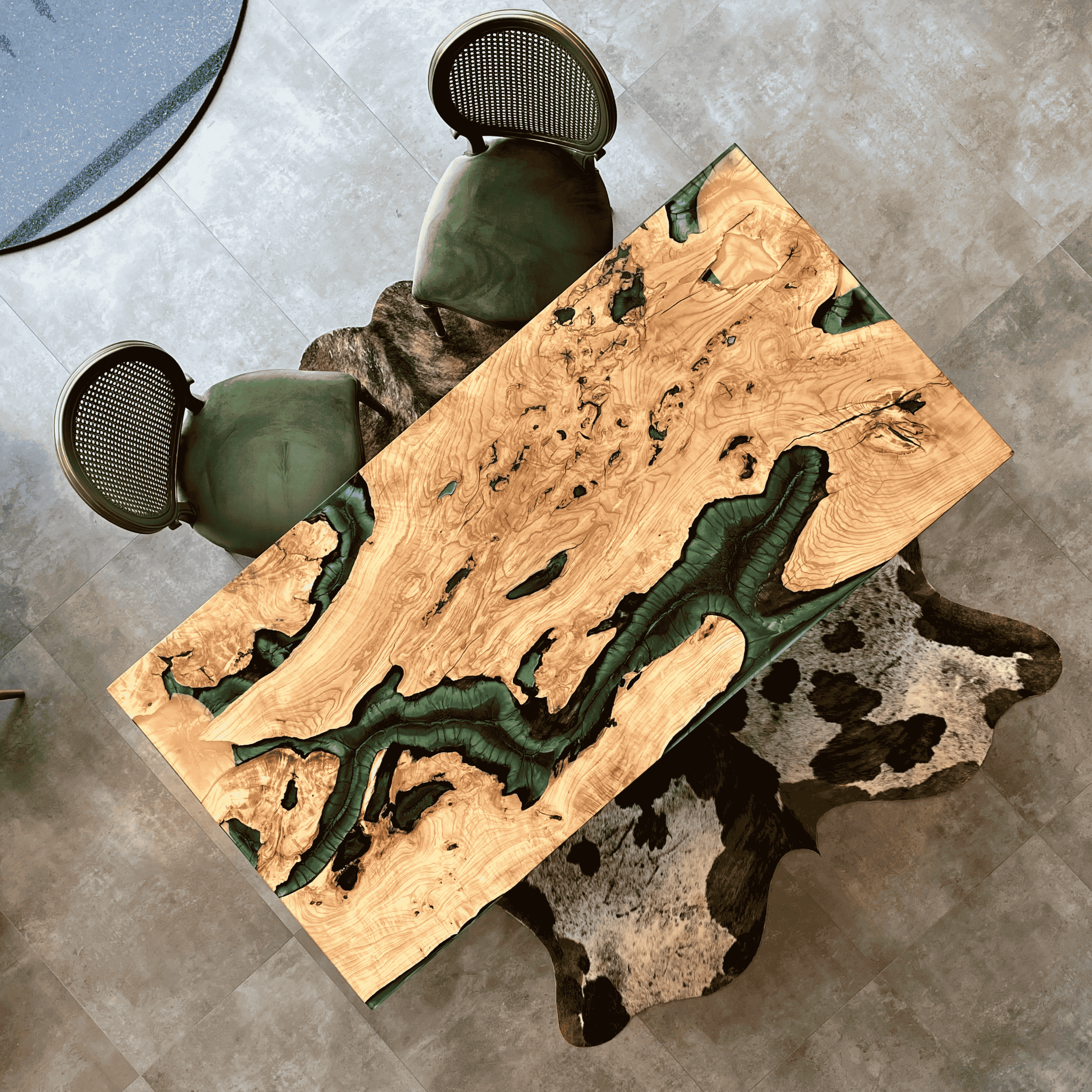 Ash Tree Green Epoxy River Table – Handmade Modern Dining Table | Custom Design Luxury Furniture