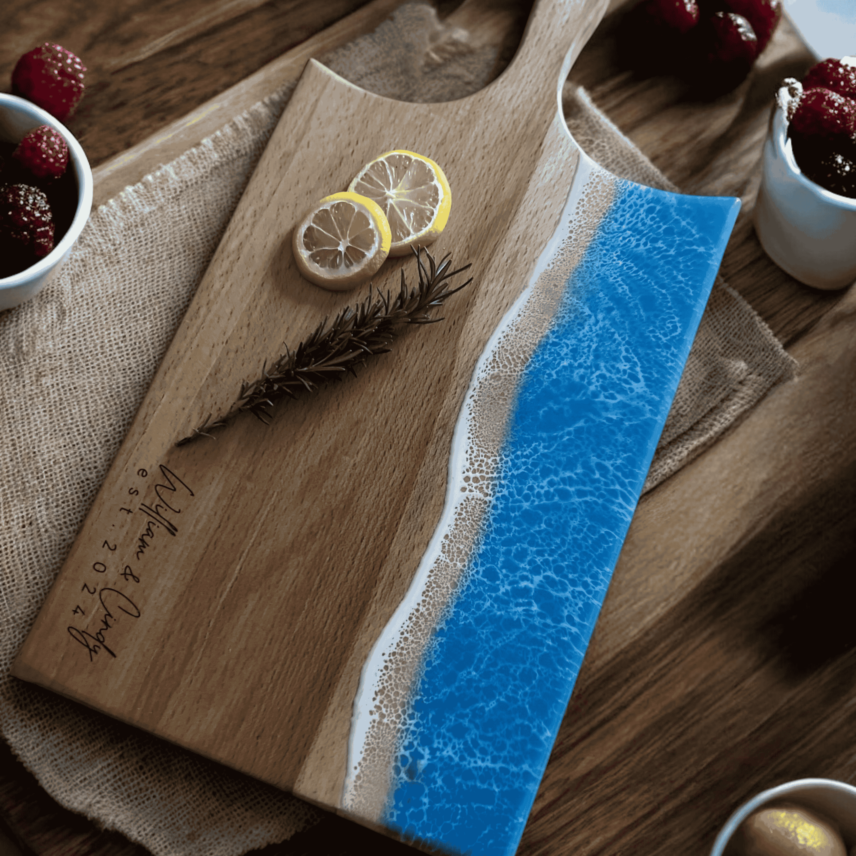 Handmade Epoxy Wavy Serving Board from Ash Tree - Light Colored Wood Cheese, Cutting, and Serving Board