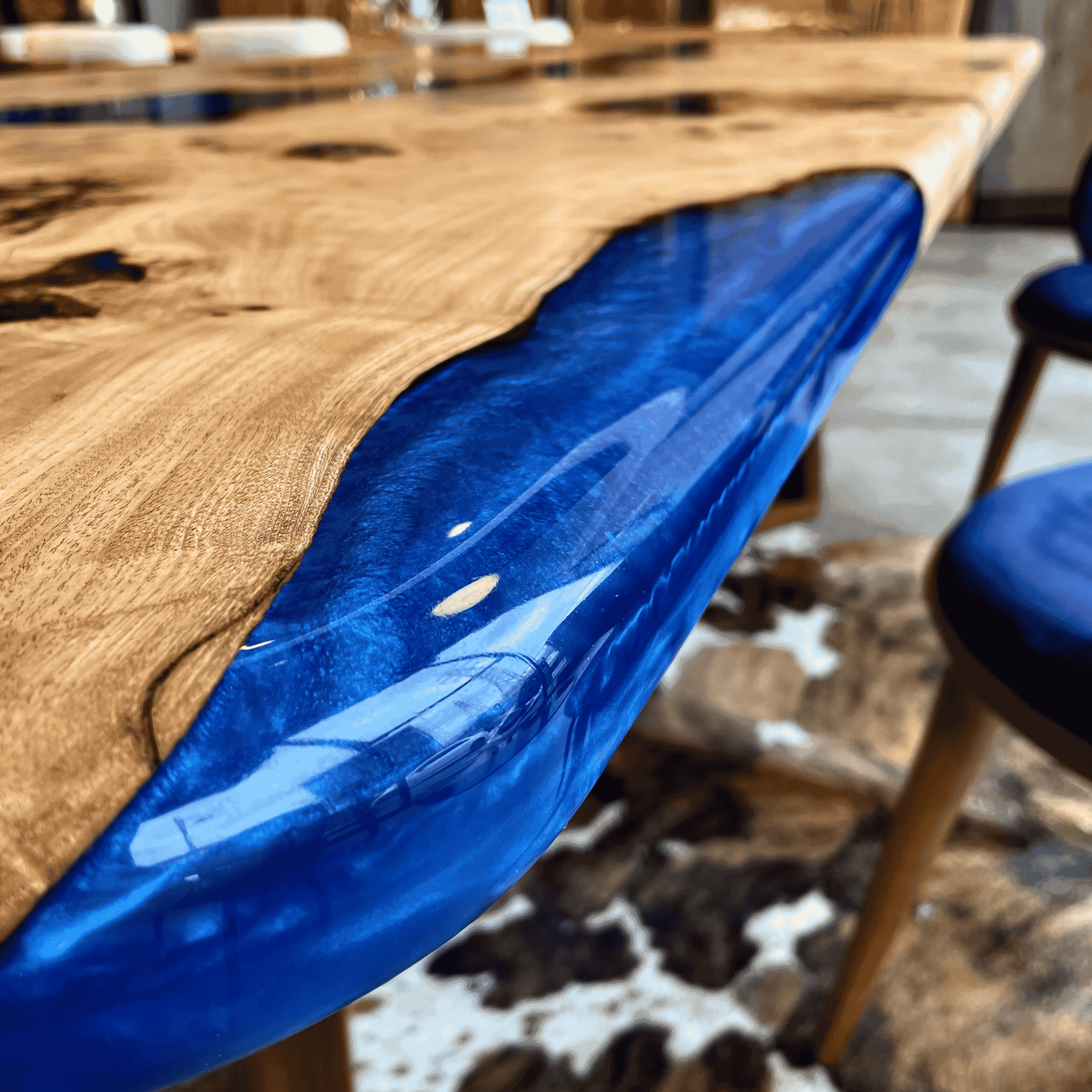 Ash Wood Blue Epoxy River Table – Handmade, Natural Wood and Elegant Design, Custom Made Dining and Work Table