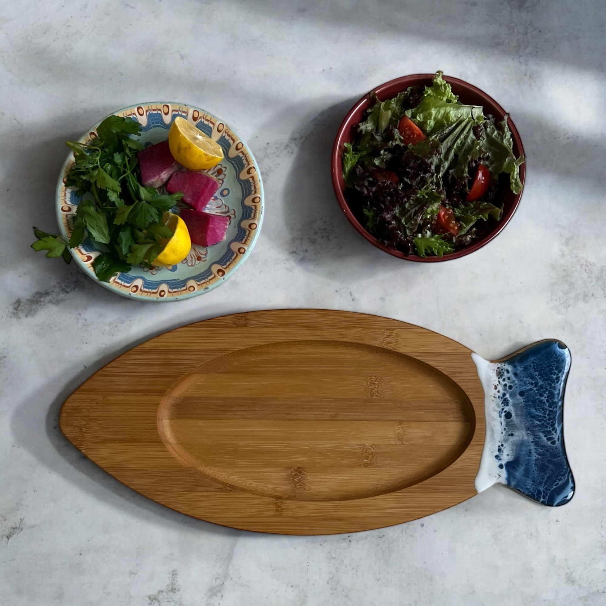 Epoxy Wave Pattern Fish Presentation Board – Natural Bamboo, Handmade, Stylish and Functional Serving Plate  