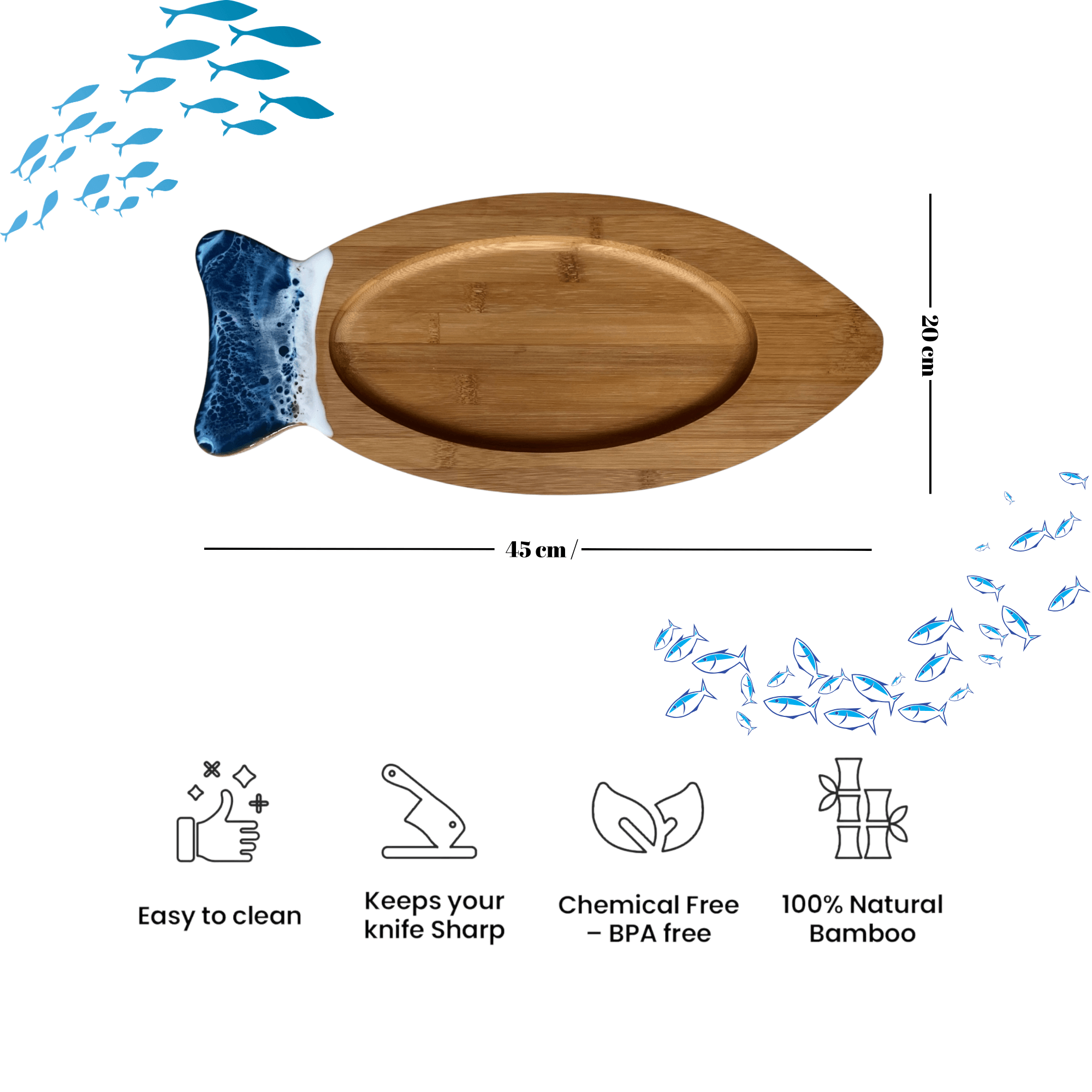 Epoxy Wave Pattern Fish Presentation Board – Natural Bamboo, Handmade, Stylish and Functional Serving Plate  