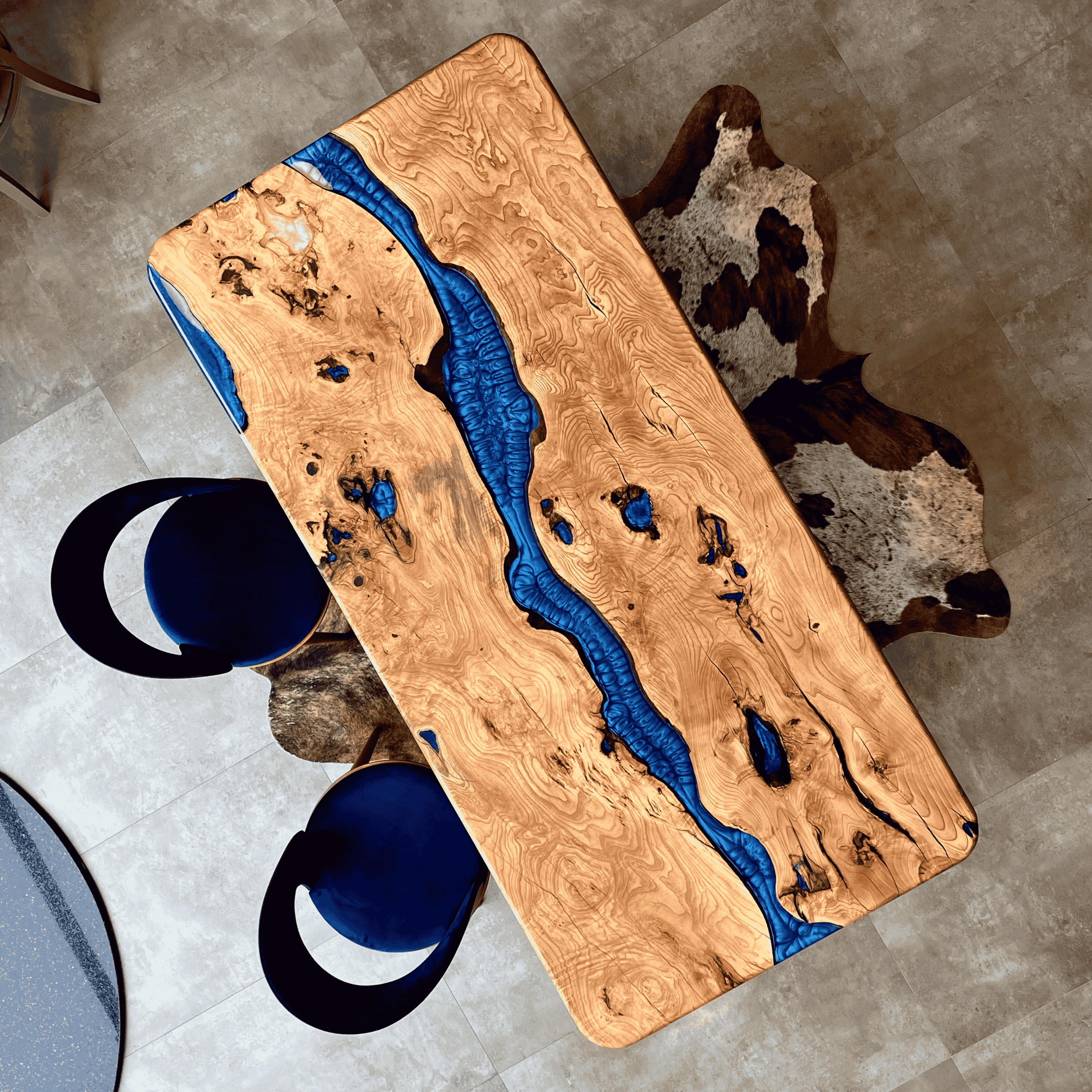 Ash Wood Blue Epoxy River Table – Handmade, Natural Wood and Elegant Design, Custom Made Dining and Work Table