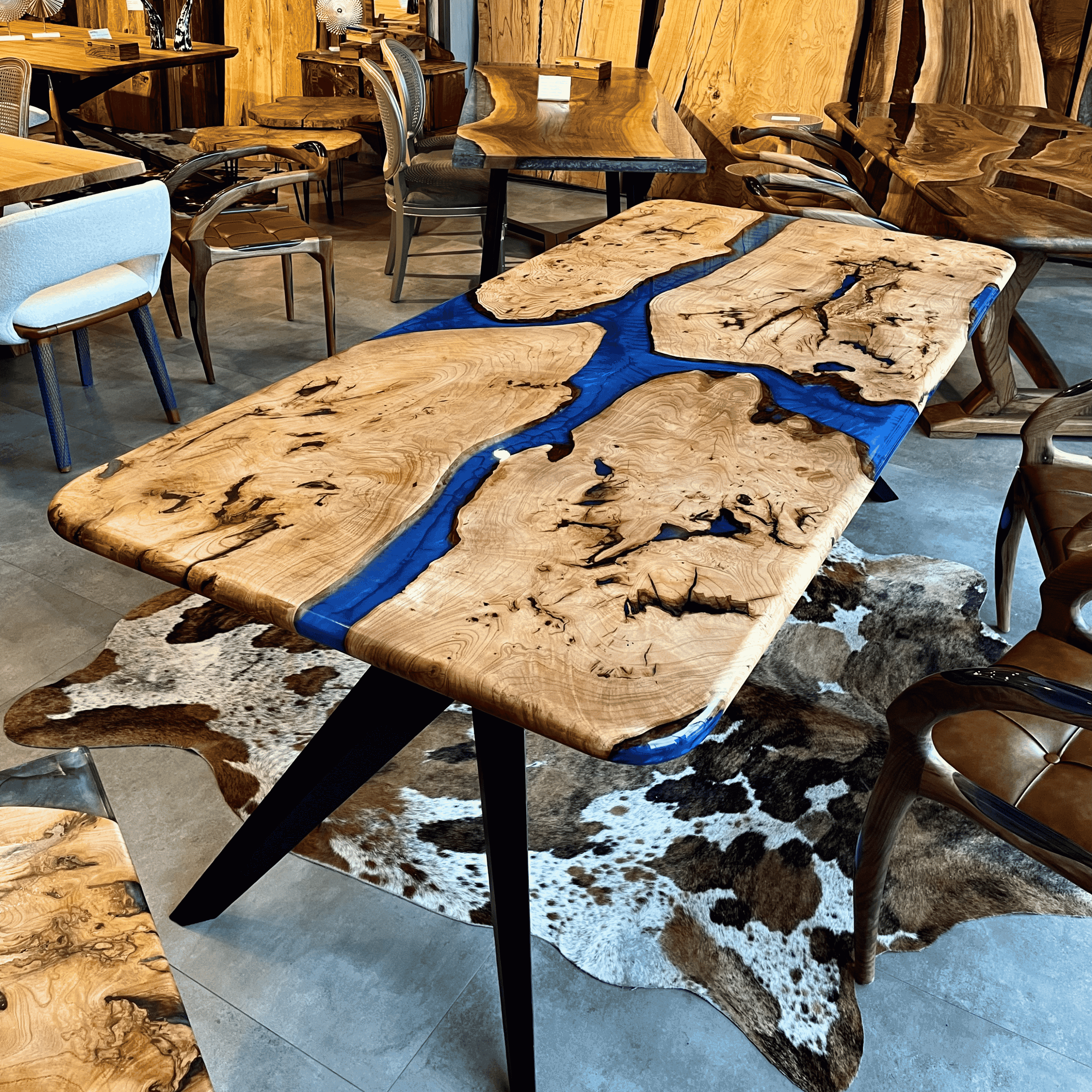 Ash Wood & Blue Epoxy Dining Table – Custom Design Handmade Natural Wood Table