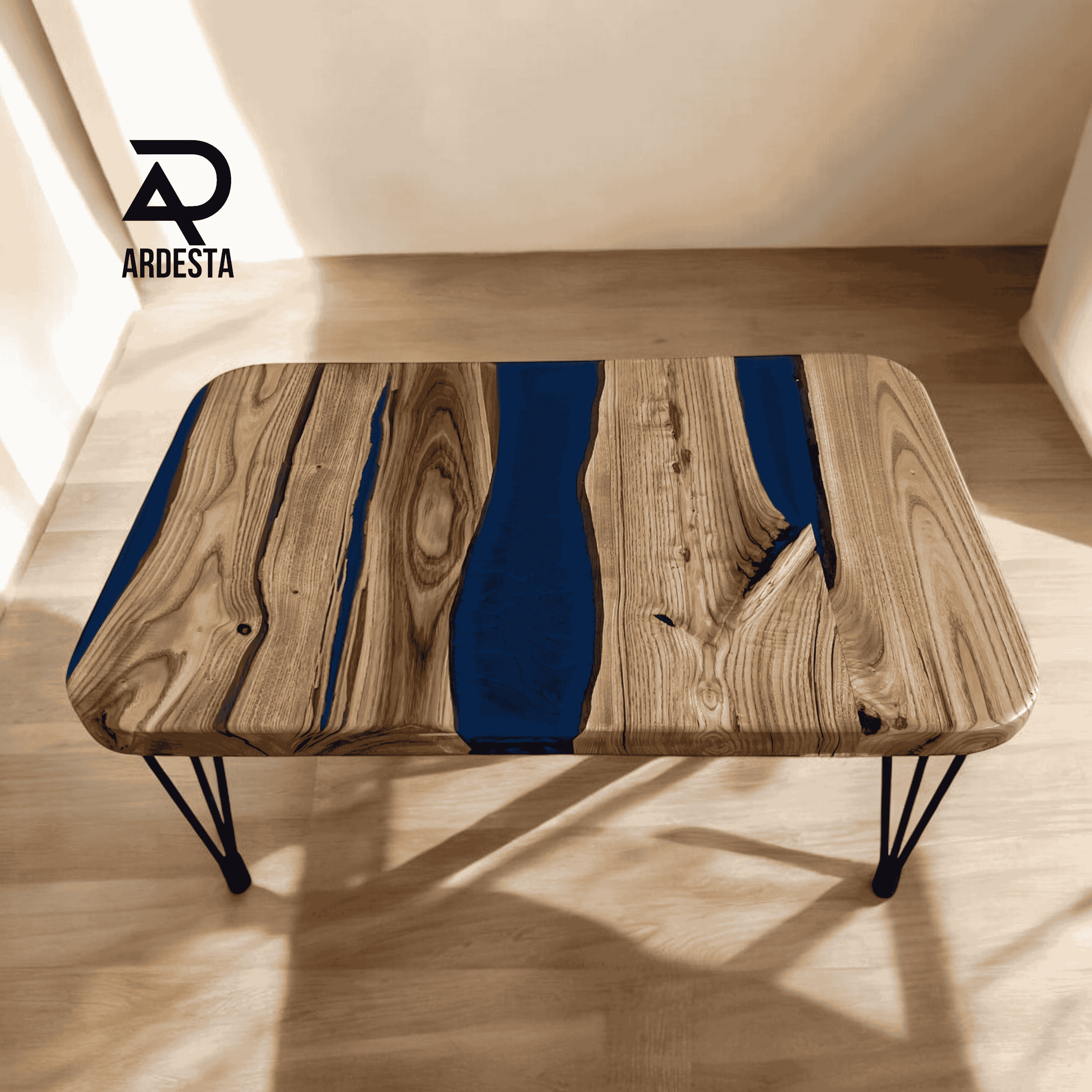 Handmade Chestnut Tree and Blue Epoxy Coffee Table – Nature's Elegance and Modern Chic Combined