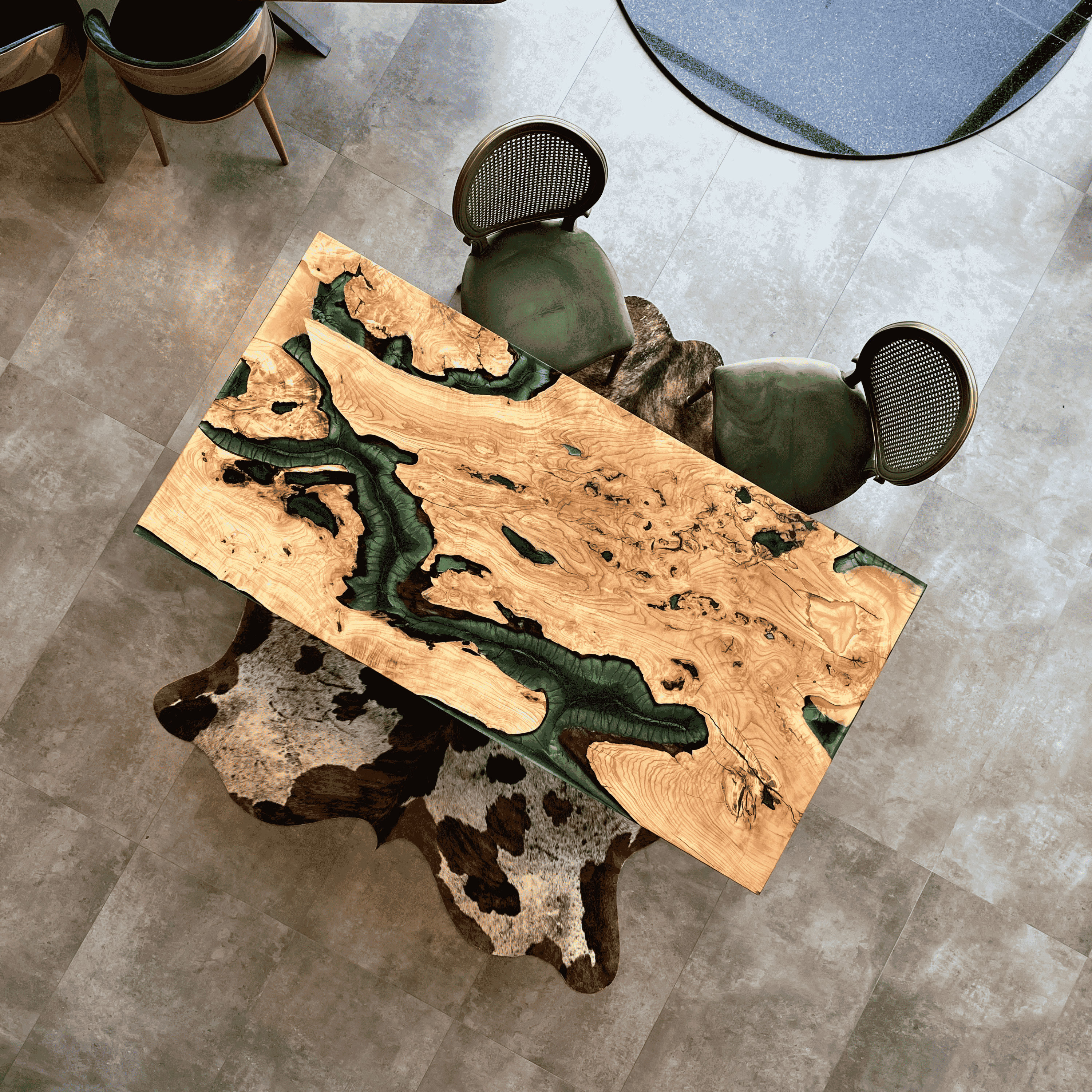 Ash Tree Green Epoxy River Table – Handmade Modern Dining Table | Custom Design Luxury Furniture