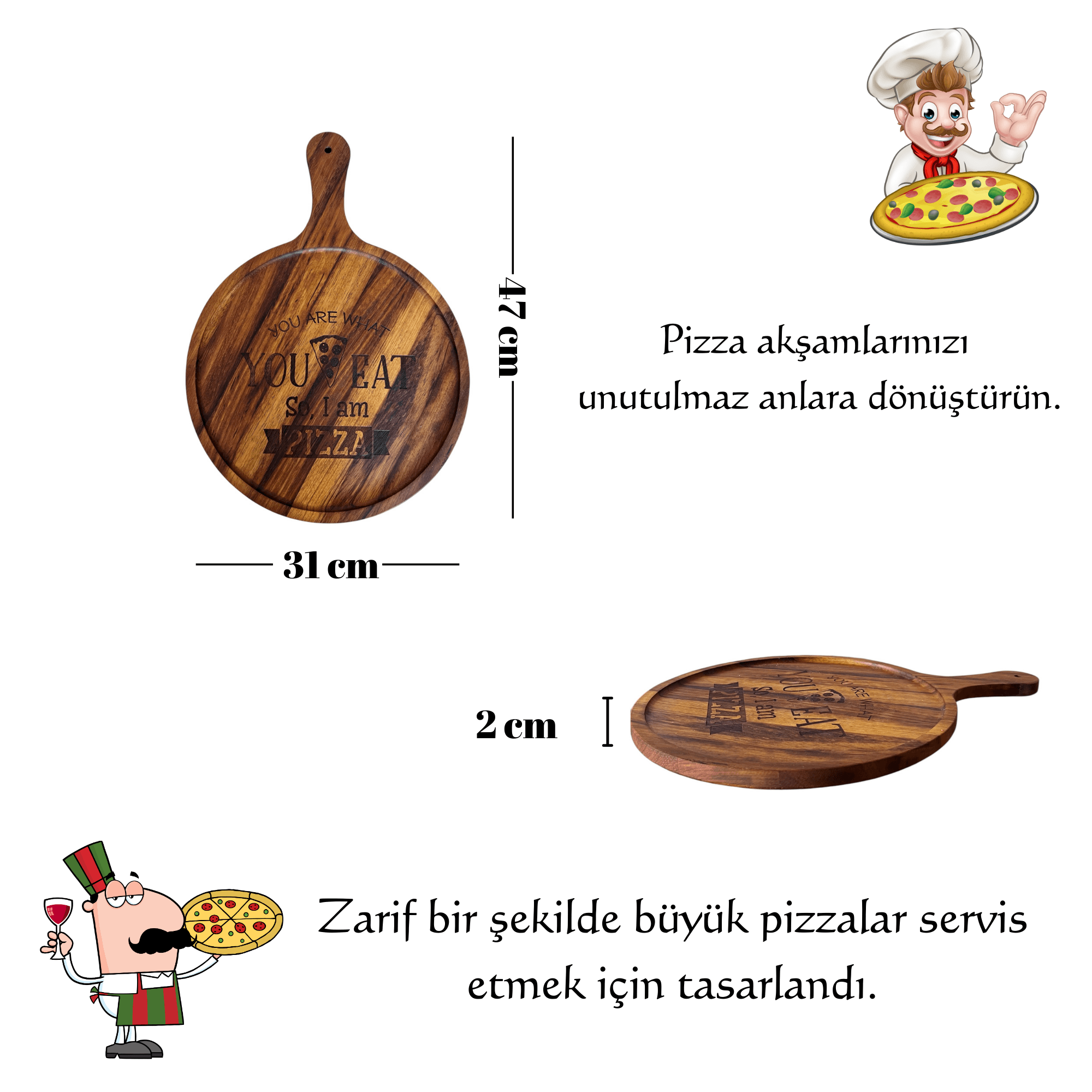 Handgefertigtes Pizza-Servierbrett aus Iroko – Lasergravur, Naturholz, große Dimensionen (47,5 x 34 cm)