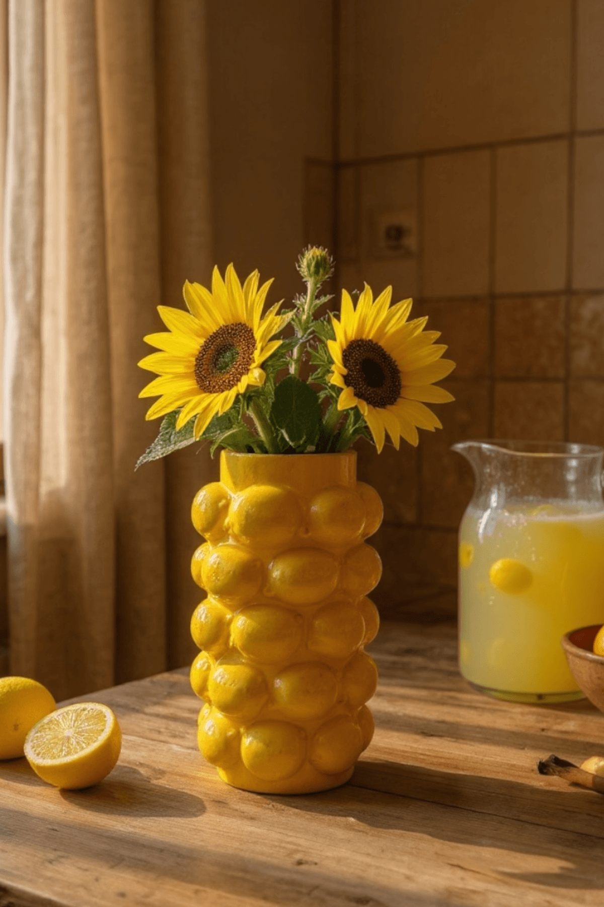El Yapımı Limon Desenli Epoksi Kaplama Büyük Dekoratif Vazo 20 cm – Çiçeklik & Ev Süsü