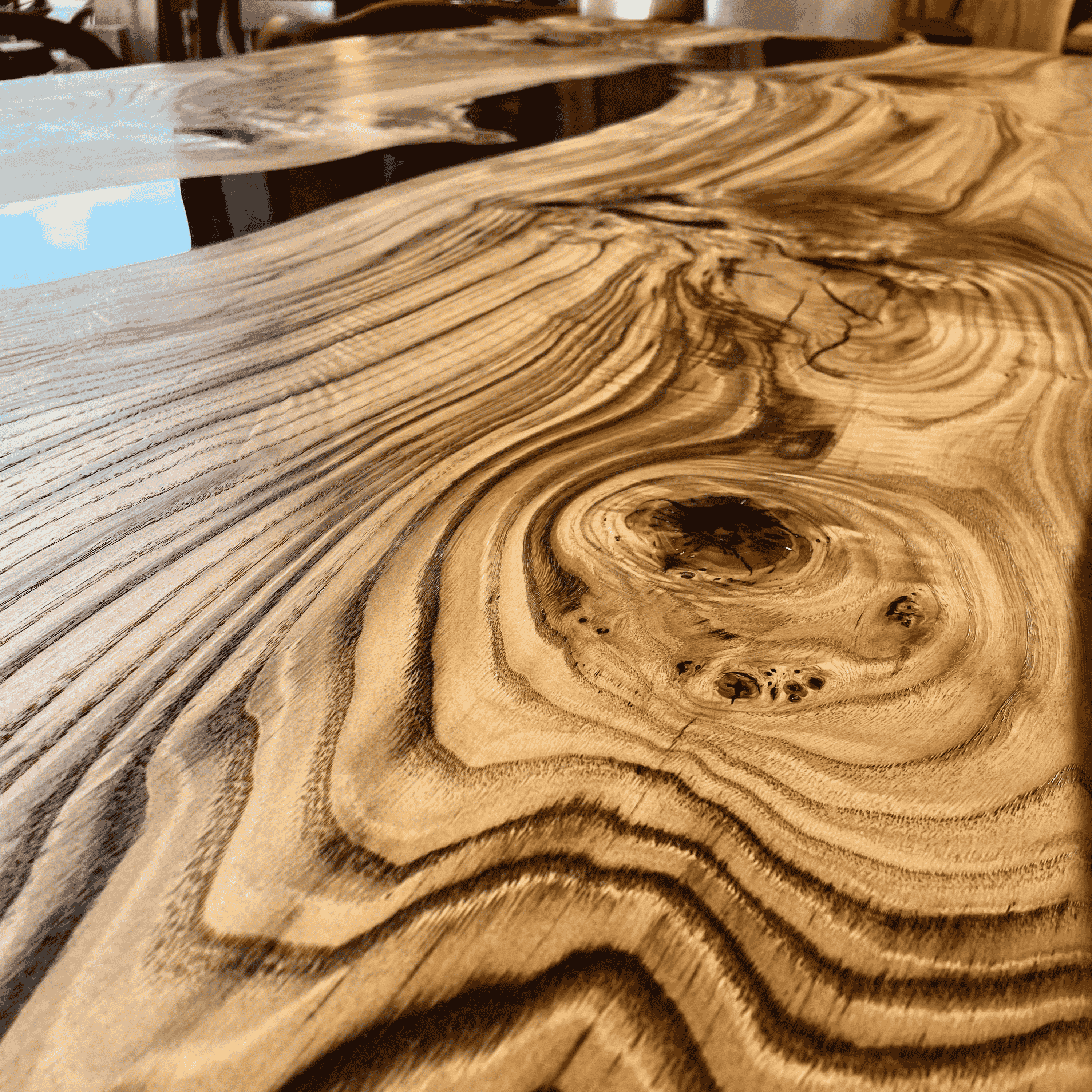 Natural Edge Chestnut Wood Epoxy River Table – Handmade, Stylish and Timeless Design | Modern and Aesthetic Wooden Dining Table