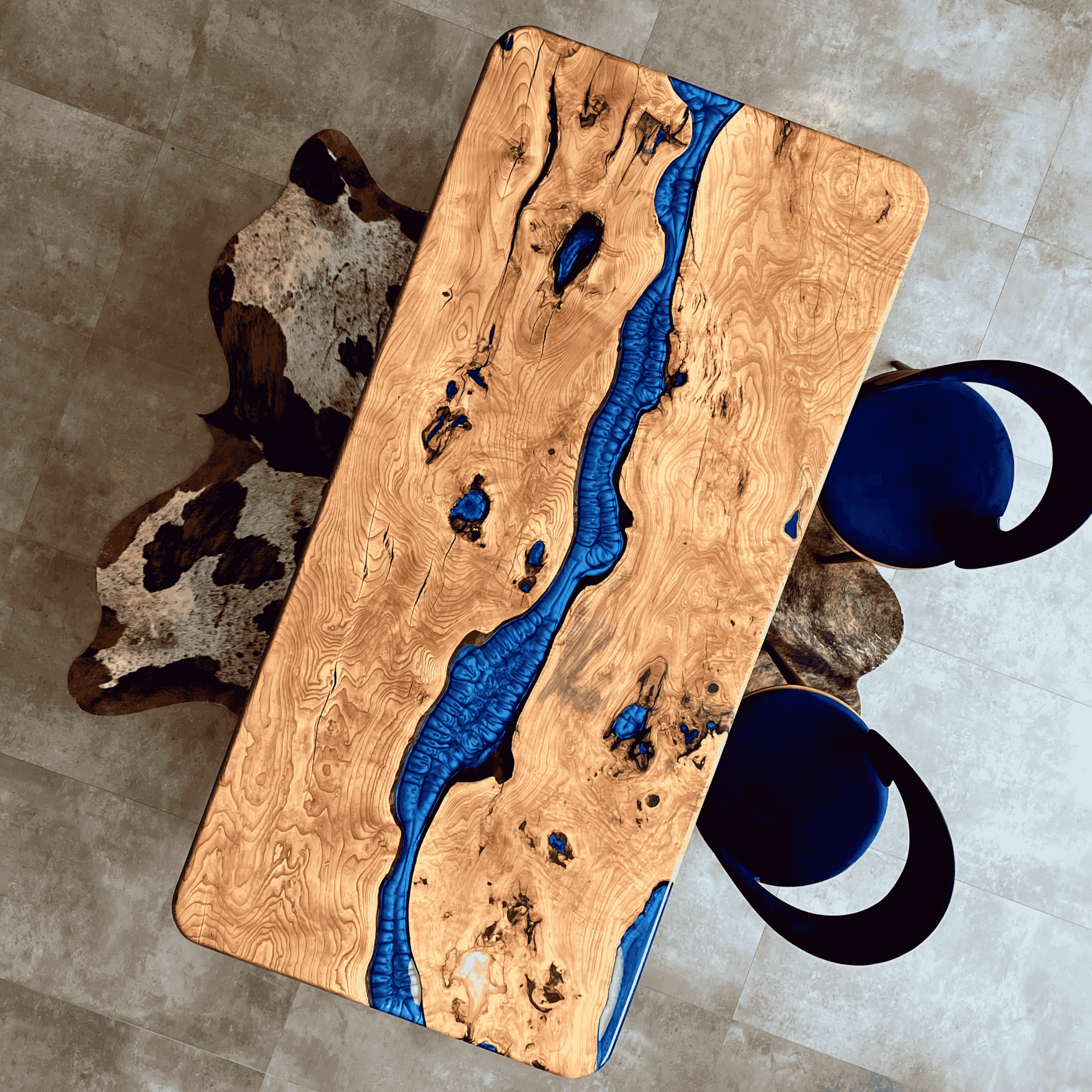 Ash Wood Blue Epoxy River Table – Handmade, Natural Wood and Elegant Design, Custom Made Dining and Work Table