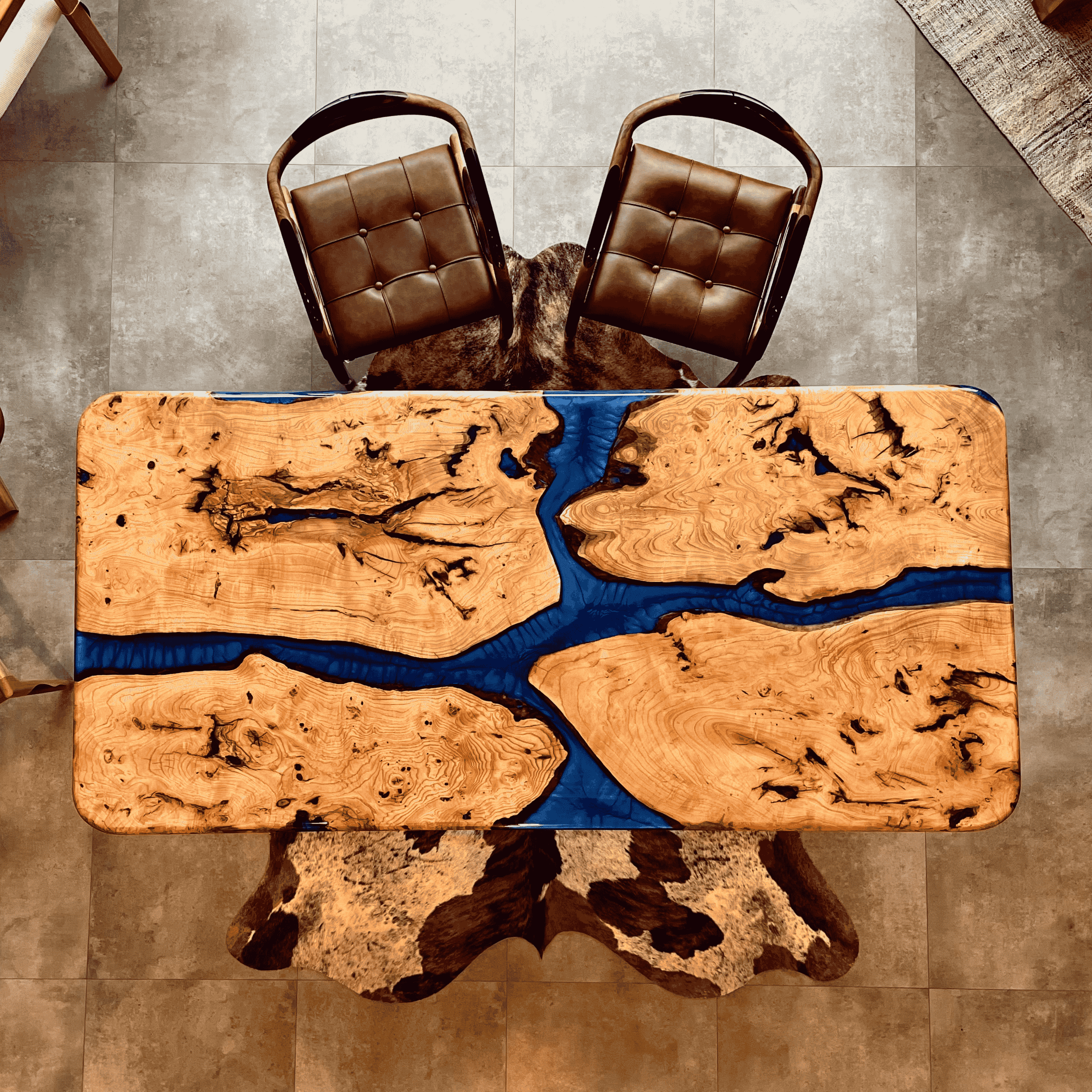 Ash Wood & Blue Epoxy Dining Table – Custom Design Handmade Natural Wood Table