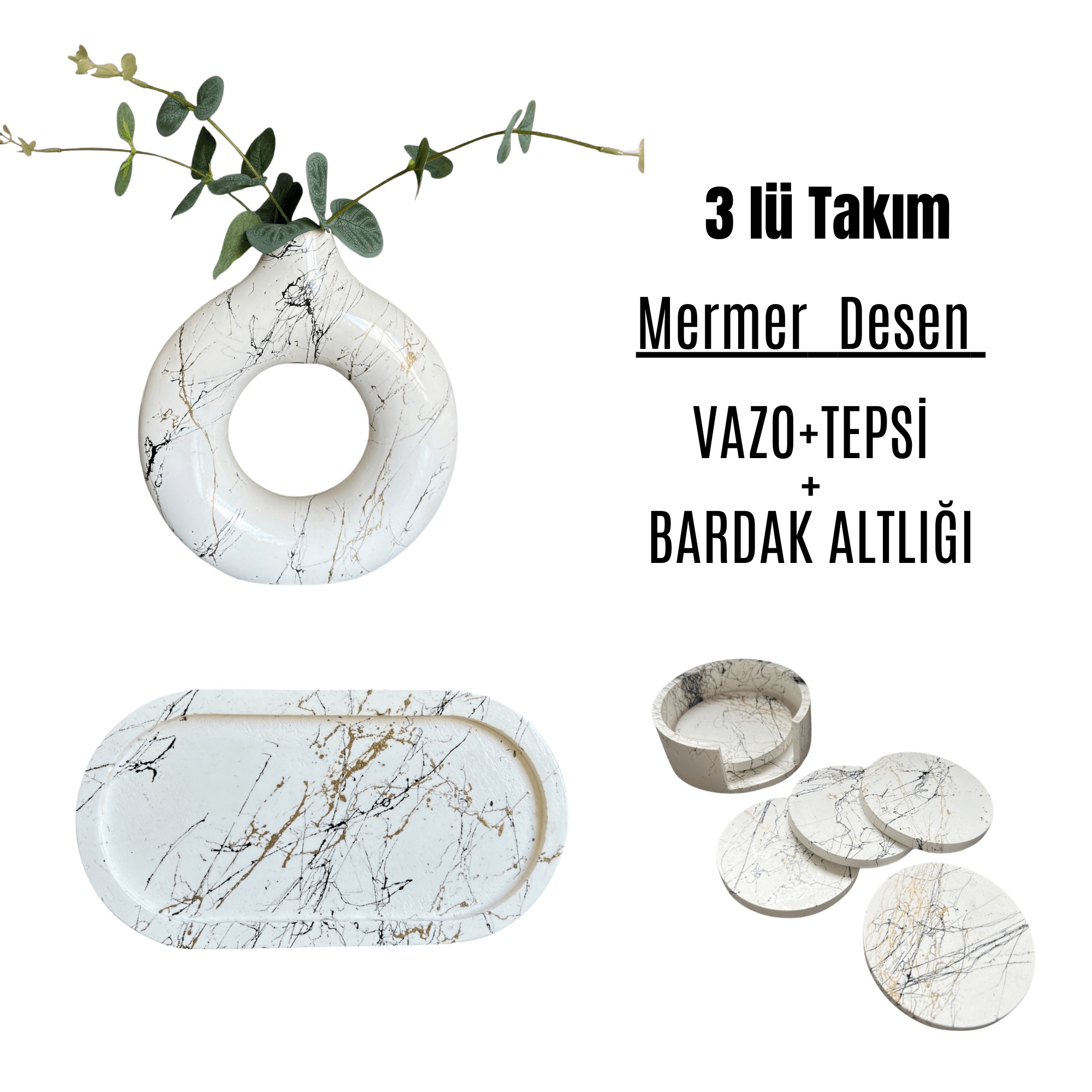 Mermer Desenli Vazo, Takı Sunum Tabağı ve Bardak Altlığı Seti | Modern Ev Dekoru ve Şık Hediye Seçeneği