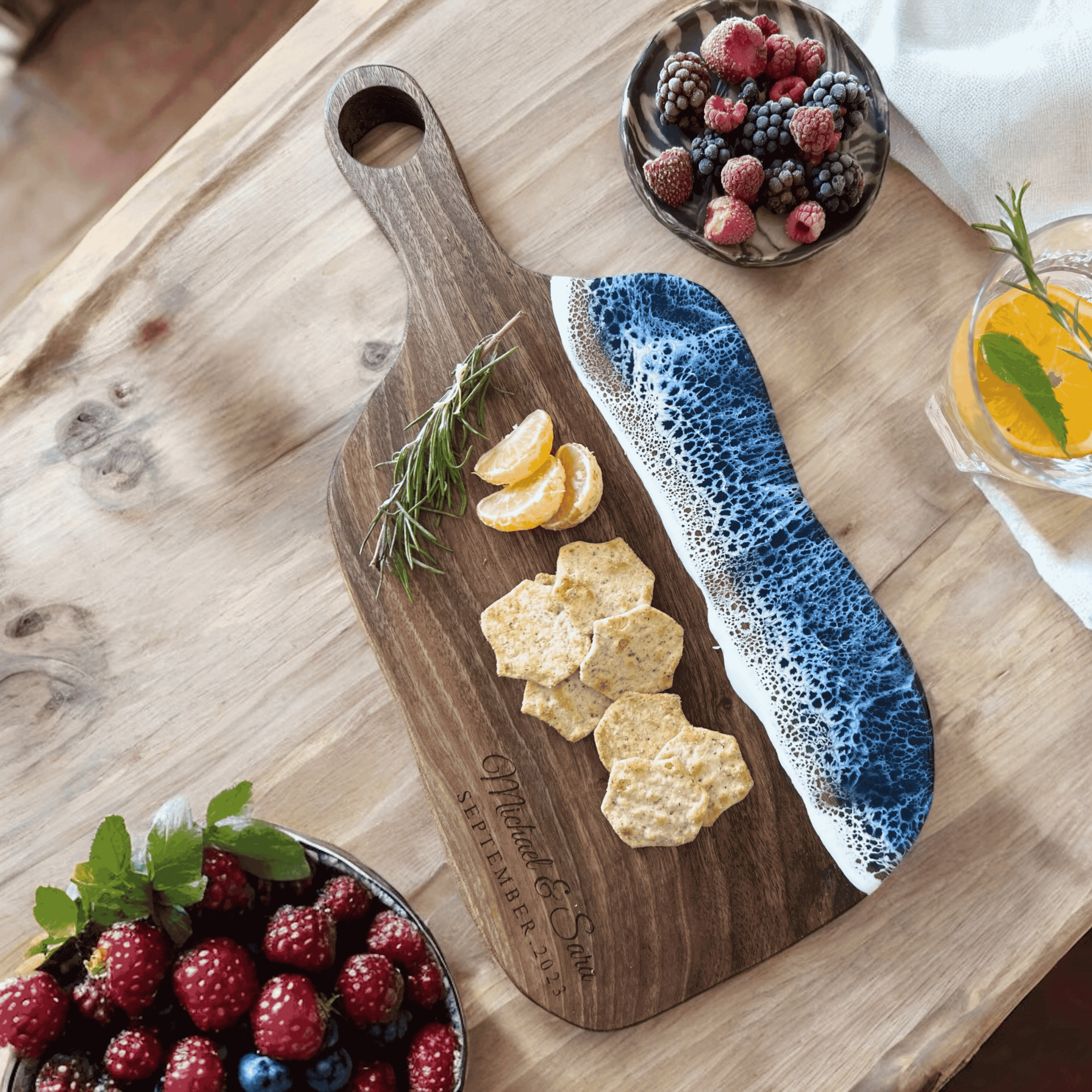 Customizable Walnut Wood Epoxy Ocean Wave Serving Board - Handmade Ocean Wave Design