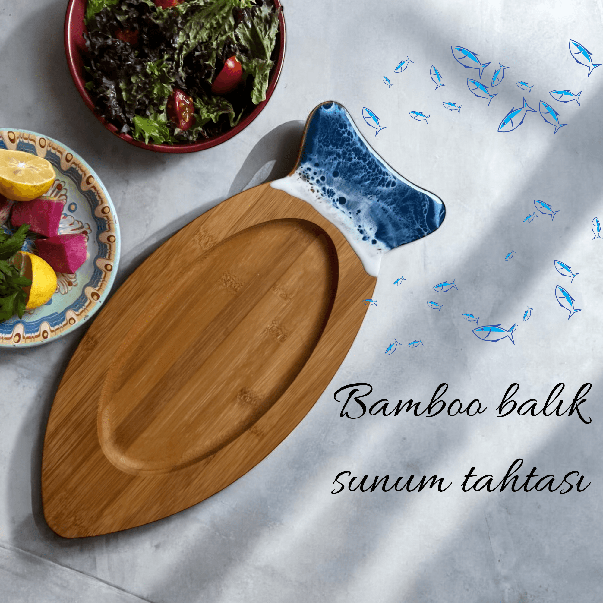 Epoxy Wave Pattern Fish Presentation Board – Natural Bamboo, Handmade, Stylish and Functional Serving Plate  